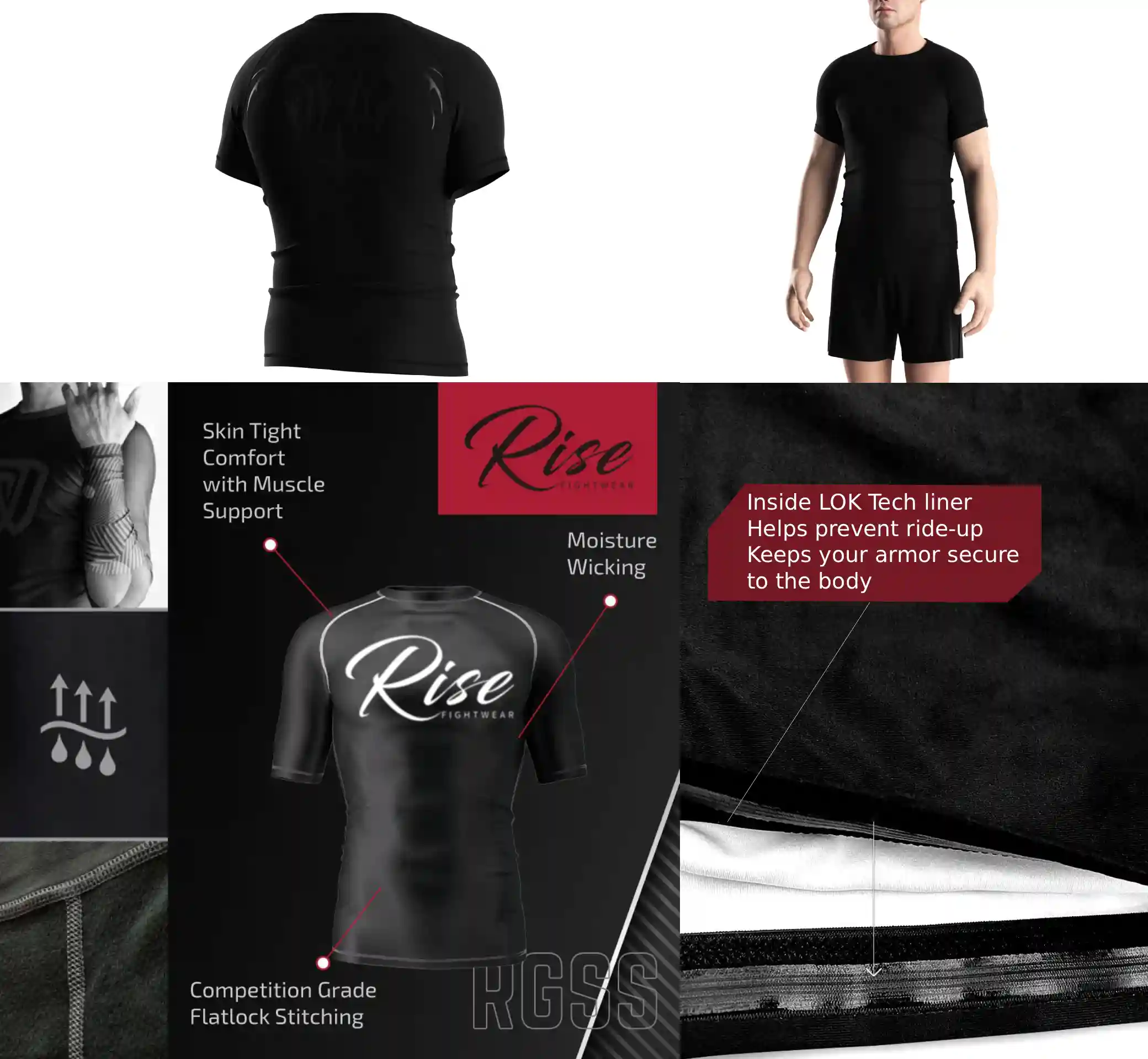 Close-up of goth-inspired rash guard construction details including flat lock stitching, inner silicone hem, and breathable stretch fabric