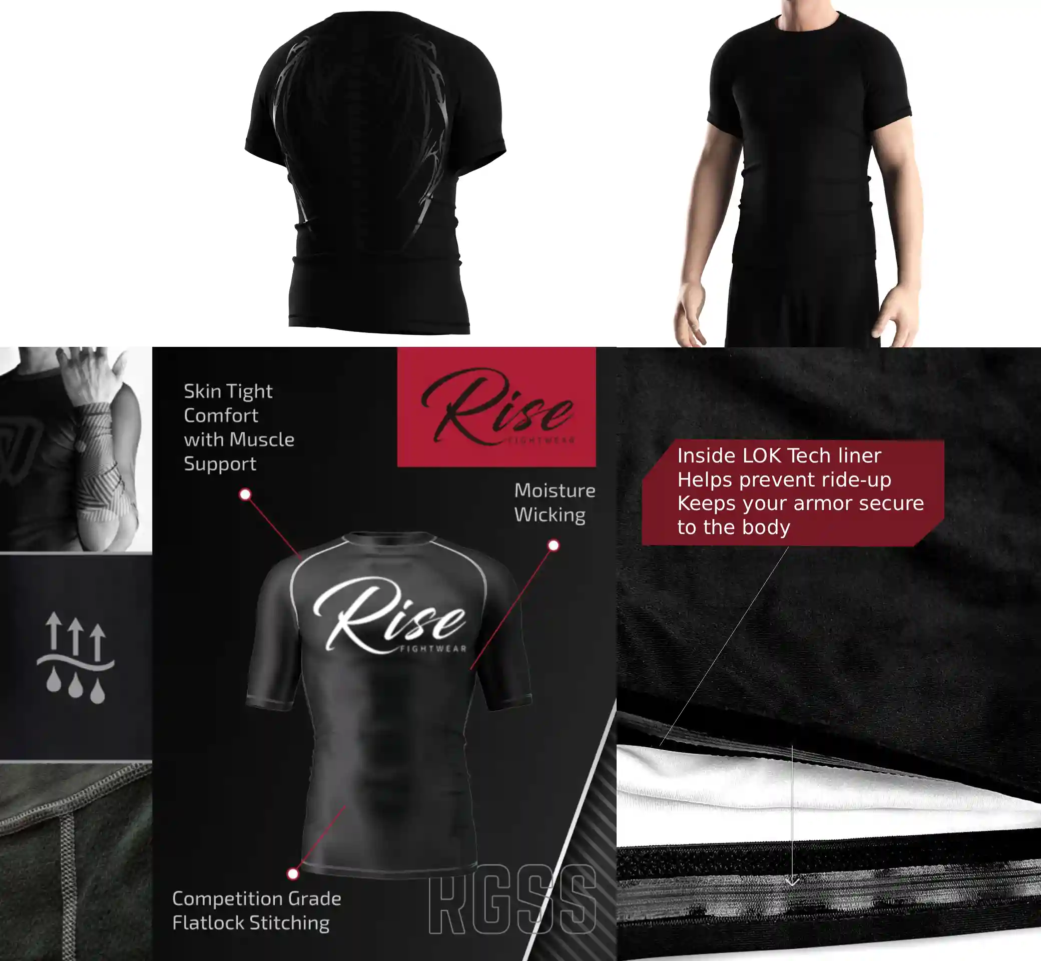 Close-up of goth-inspired rash guard construction details including flat lock stitching, inner silicone hem, and breathable stretch fabric