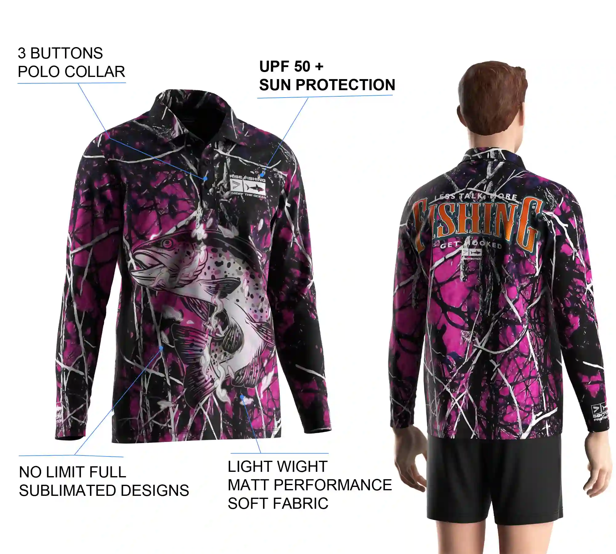 Back view and close-up details of men's long sleeve fishing polo shirt, showing sublimation print, buttons details, and styles.