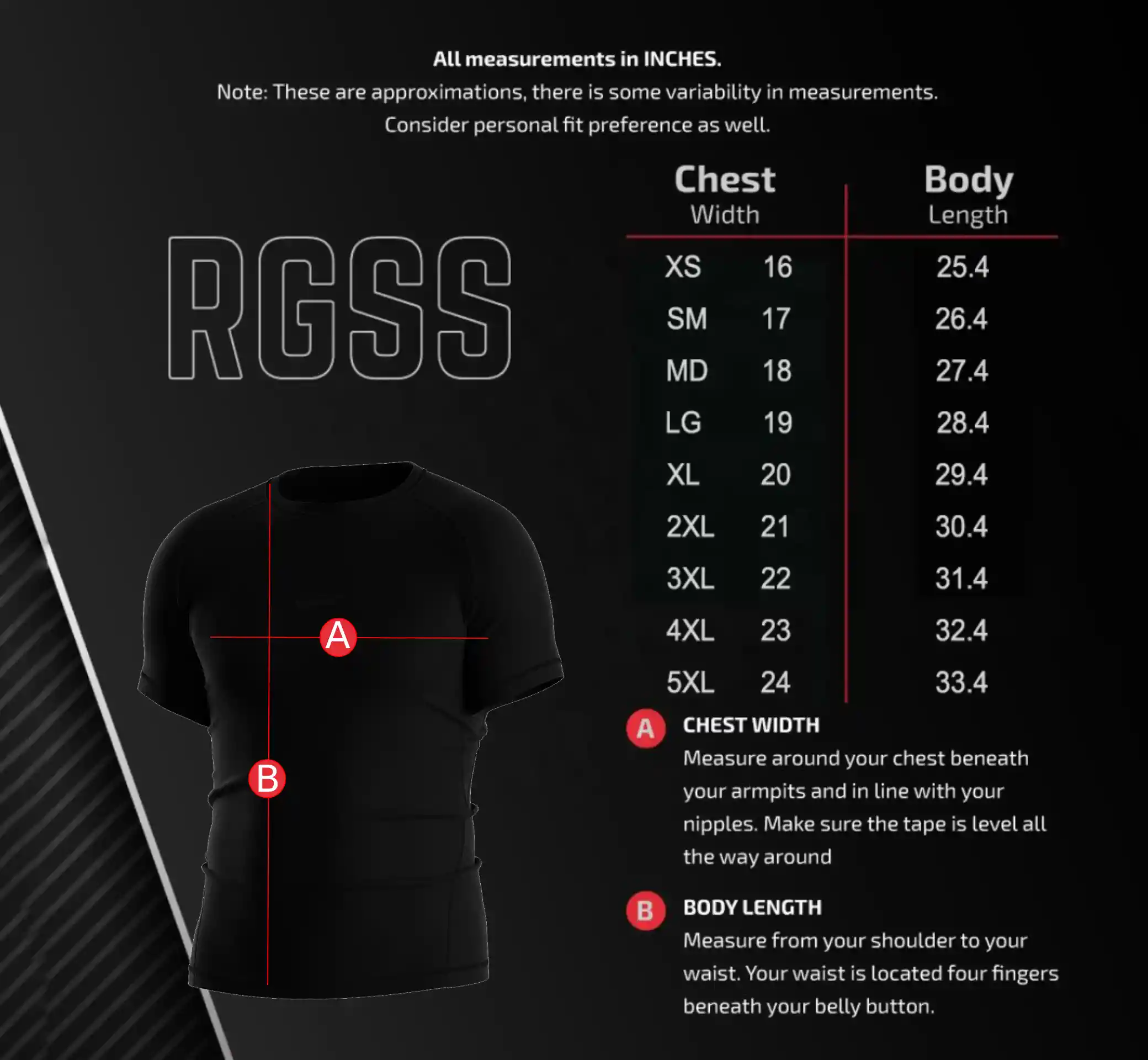 Men's Size Chart for Short Sleeve Goth-inspired Rash Guard – Includes Chest Width and Body Length Measurements in Inches