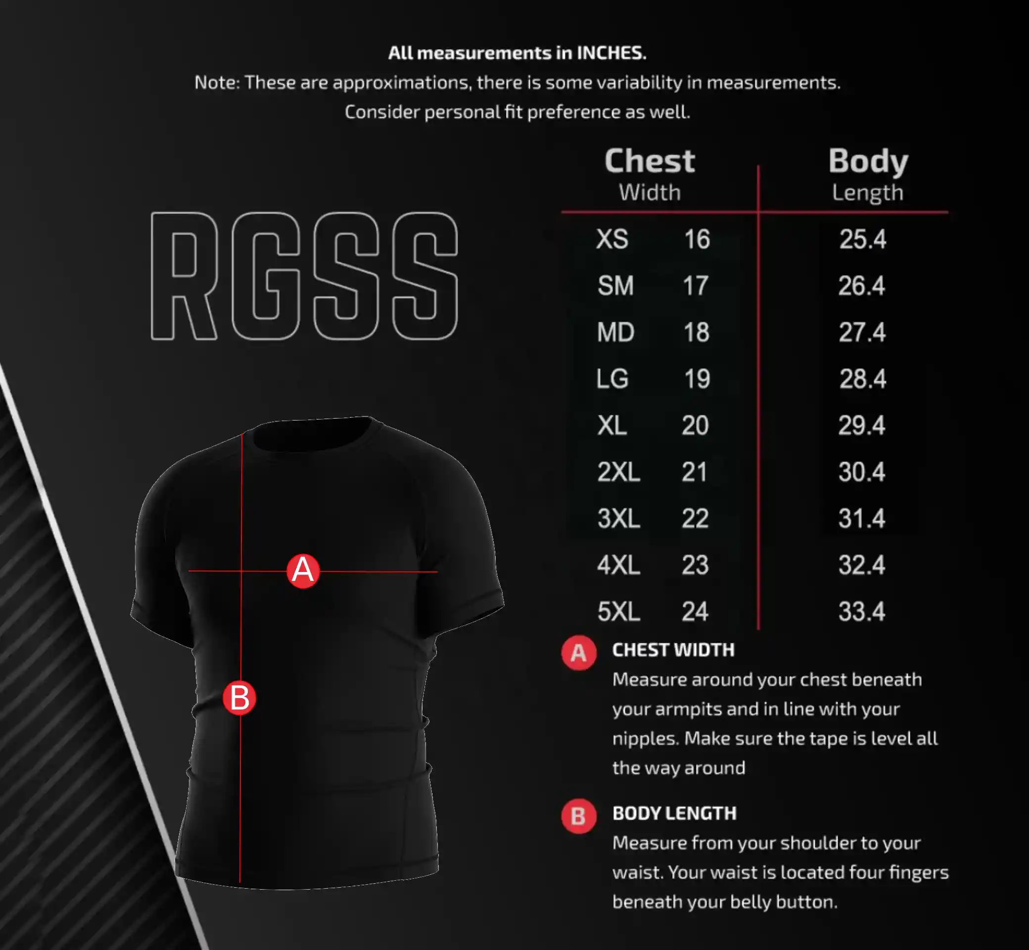 Men's Size Chart for Short Sleeve Goth-inspired Rash Guard – Includes Chest Width and Body Length Measurements in Inches