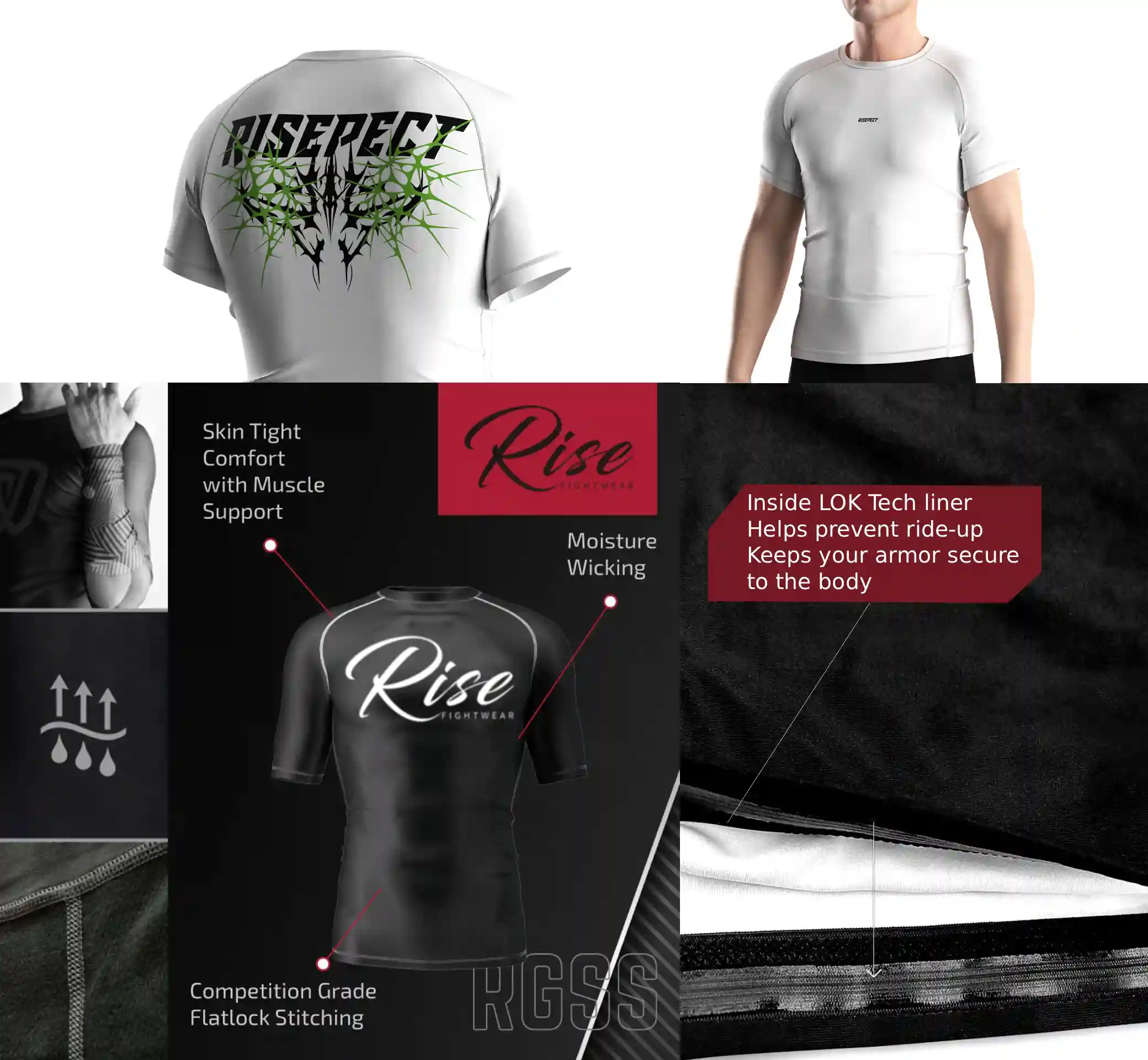 Close-up of goth-inspired rash guard construction details including flat lock stitching, inner silicone hem, and breathable stretch fabric