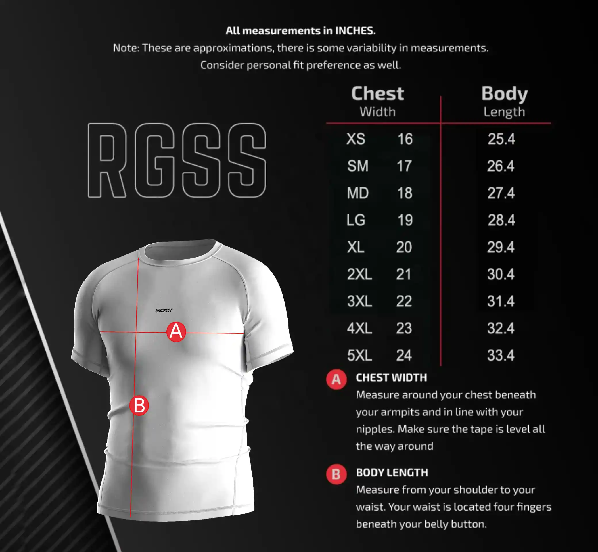 Men's Size Chart for Short Sleeve Goth-inspired Rash Guard – Includes Chest Width and Body Length Measurements in Inches