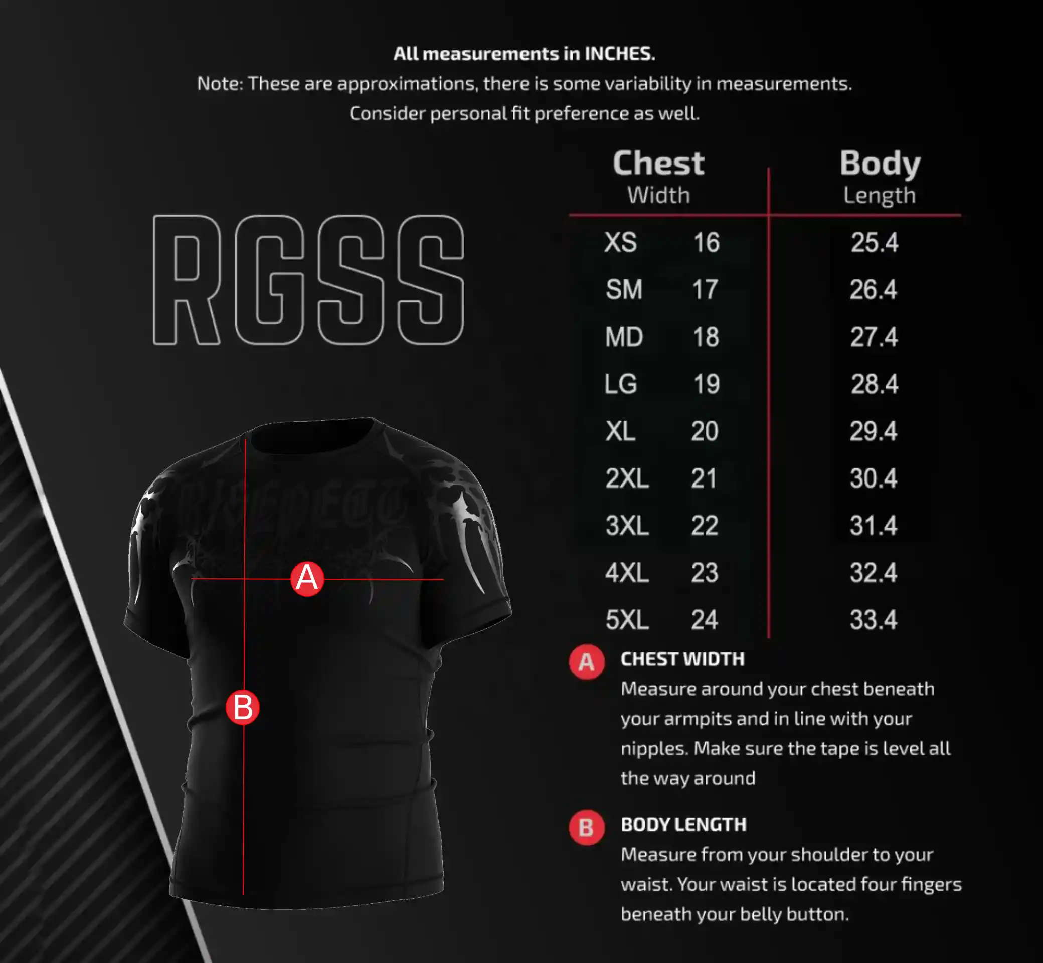 Men's Size Chart for Short Sleeve Goth-inspired Rash Guard – Includes Chest Width and Body Length Measurements in Inches