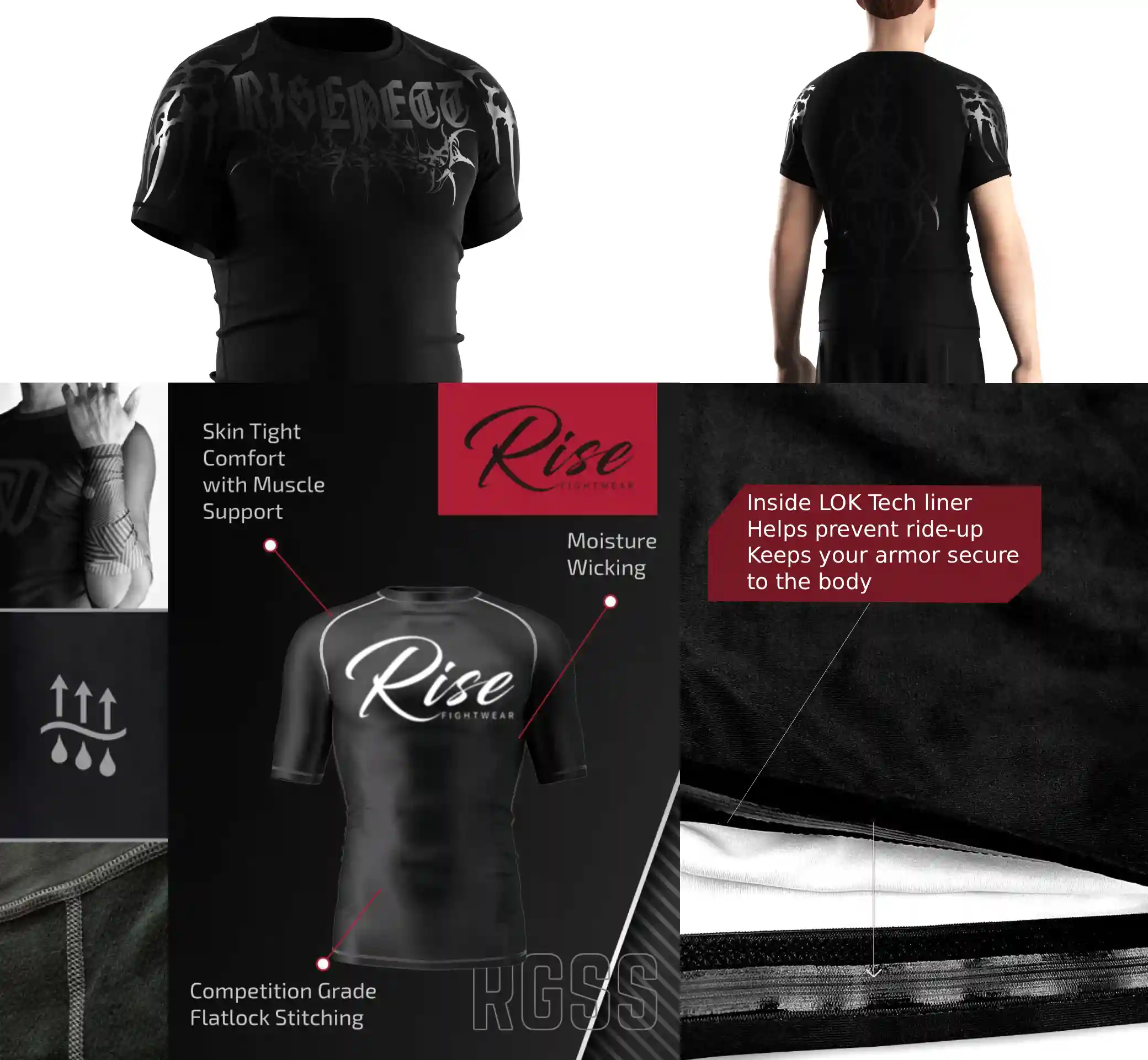 Close-up of goth-inspired rash guard construction details including flat lock stitching, inner silicone hem, and breathable stretch fabric