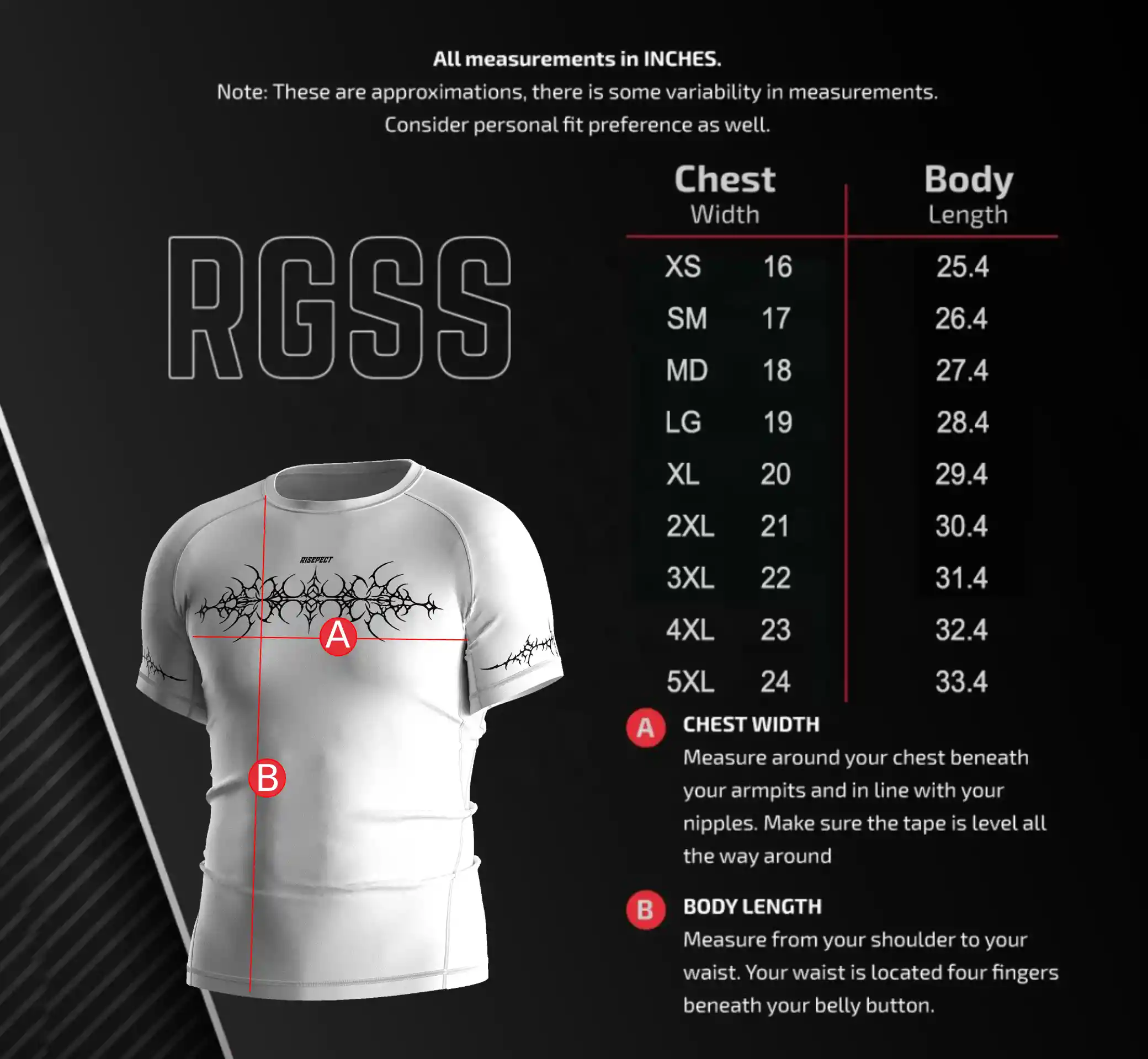Men's Size Chart for Short Sleeve Goth-inspired Rash Guard – Includes Chest Width and Body Length Measurements in Inches