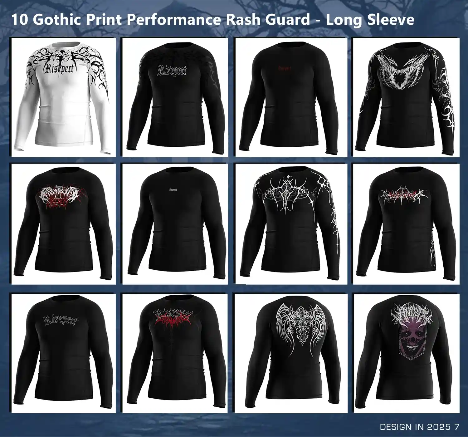 Collection of 10 Different Long Sleeve Gothic Print Performance Rash Guard Designs – Keel, Green Thorn, Bat Bones, and Metallic Patterns for ODM/OEM Custom Orders