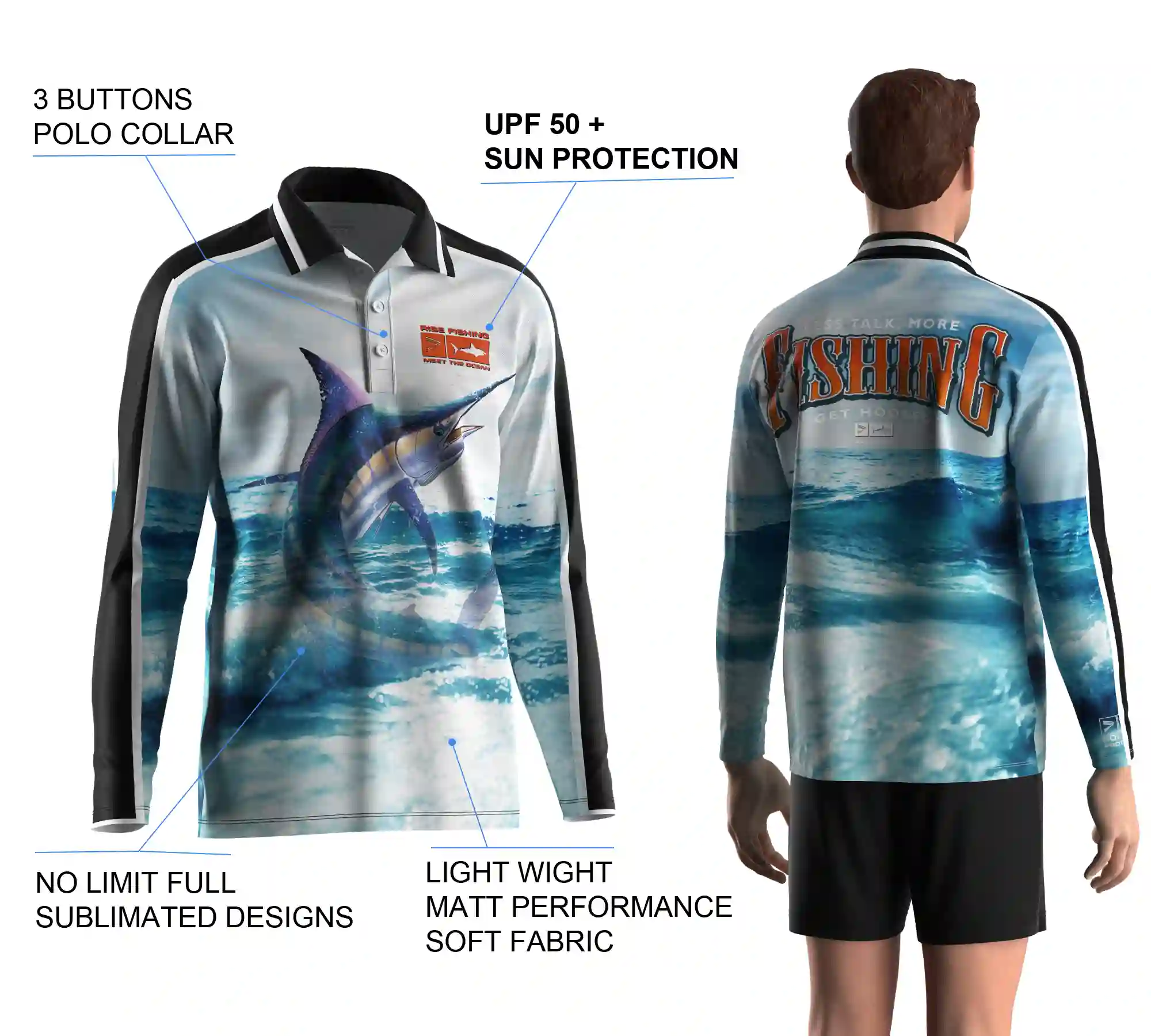 Back view and close-up details of men's long sleeve fishing polo shirt, showing sublimation print, buttons details, and styles.