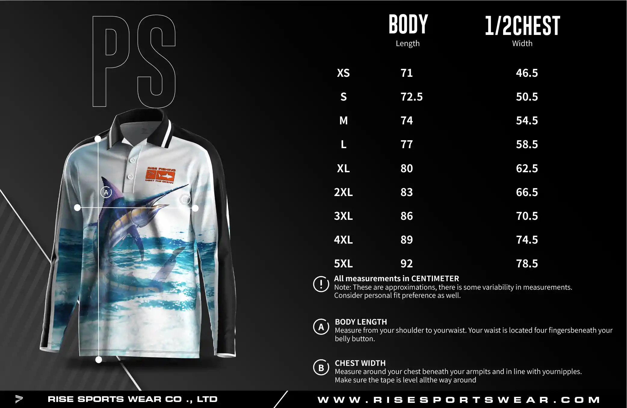 Men's U.S. and EU standard size chart for long sleeve fishing polo shirt in centimeters, showing width and length measurements.