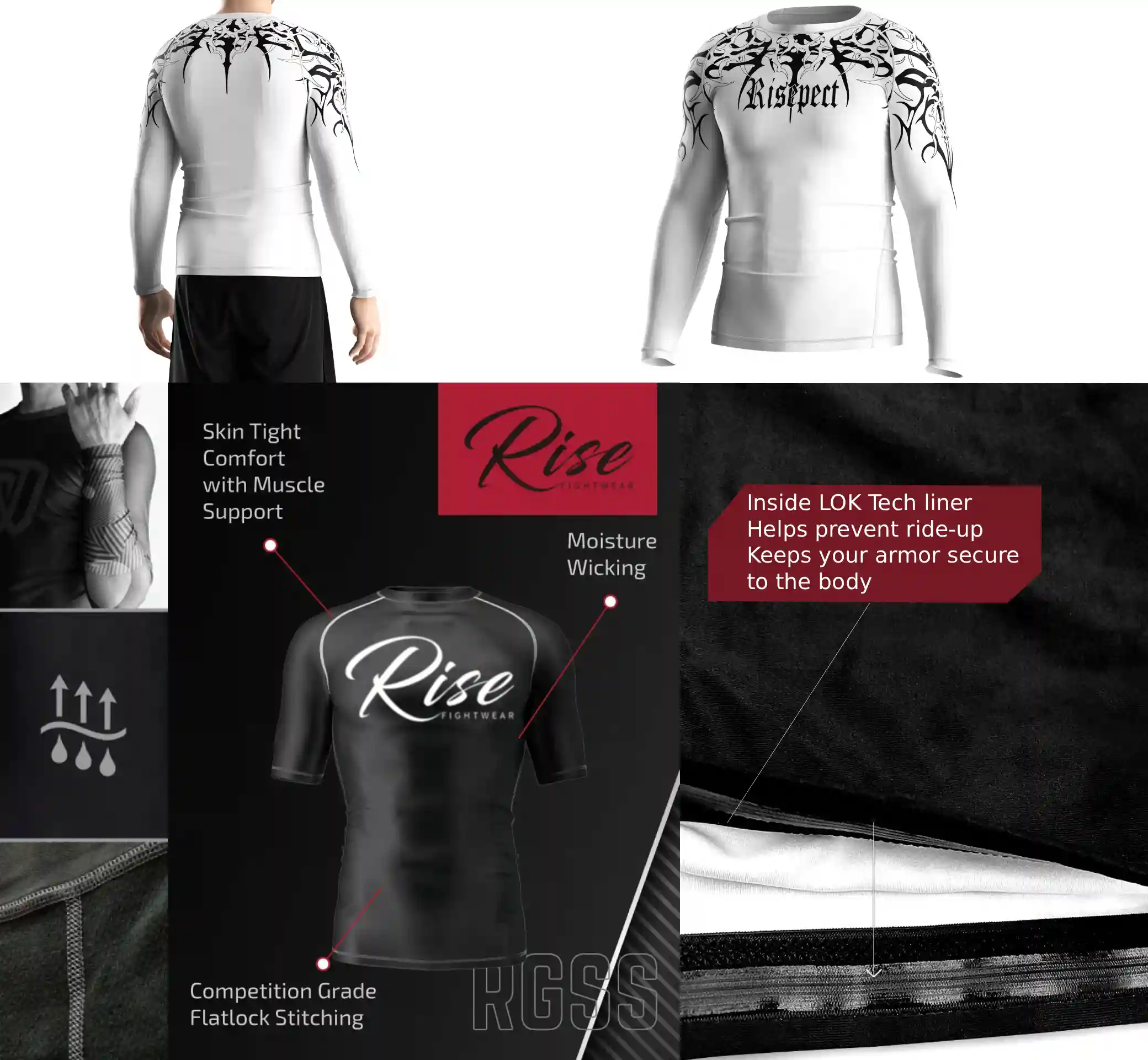 Close-up of gothic print performance rash guard construction details including flat lock stitching, inner silicone hem, and breathable stretch fabric