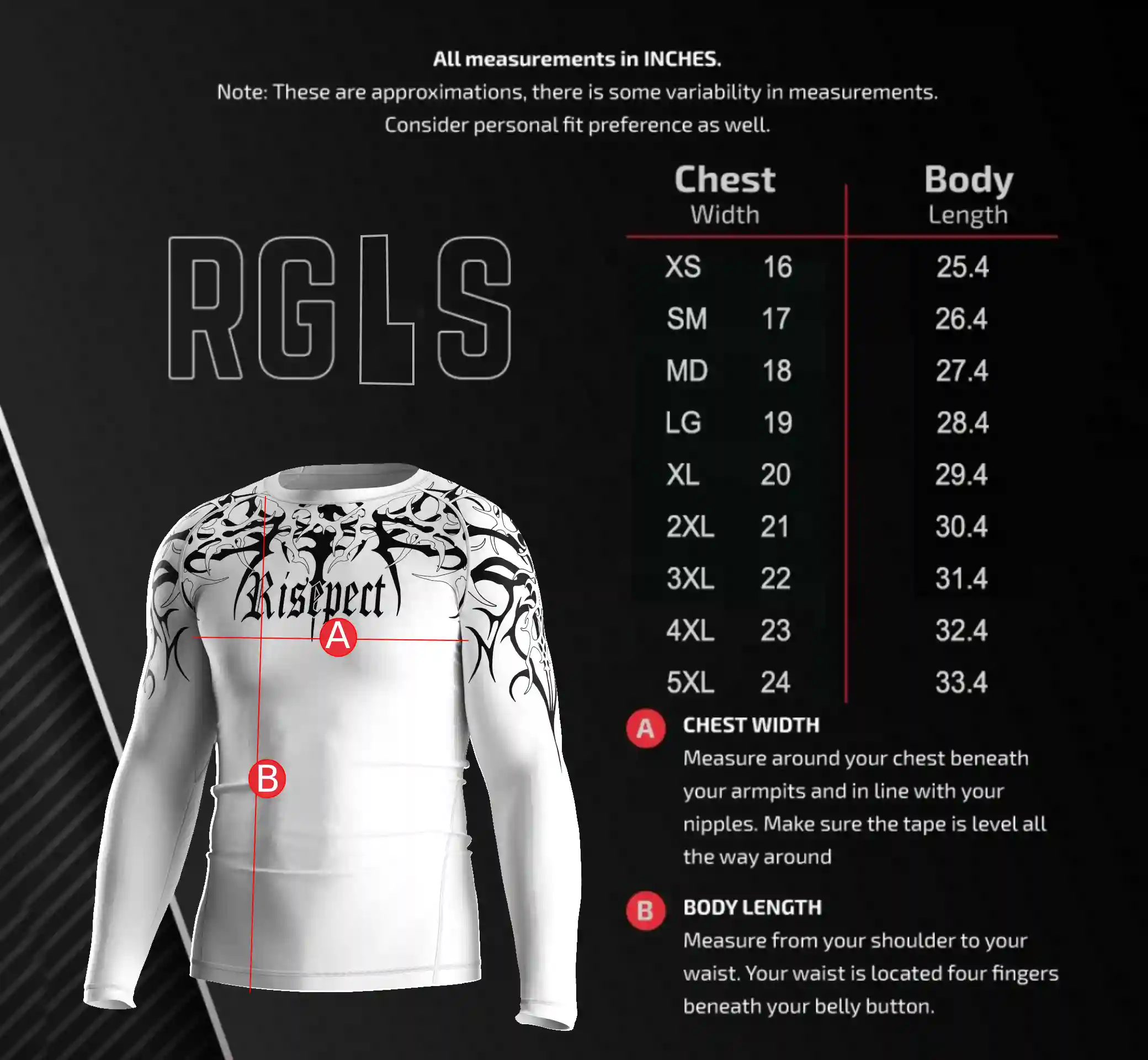 Men's Size Chart for Short Sleeve Gothic Print Performance Rash Guard – Includes Chest Width and Body Length Measurements in Inches