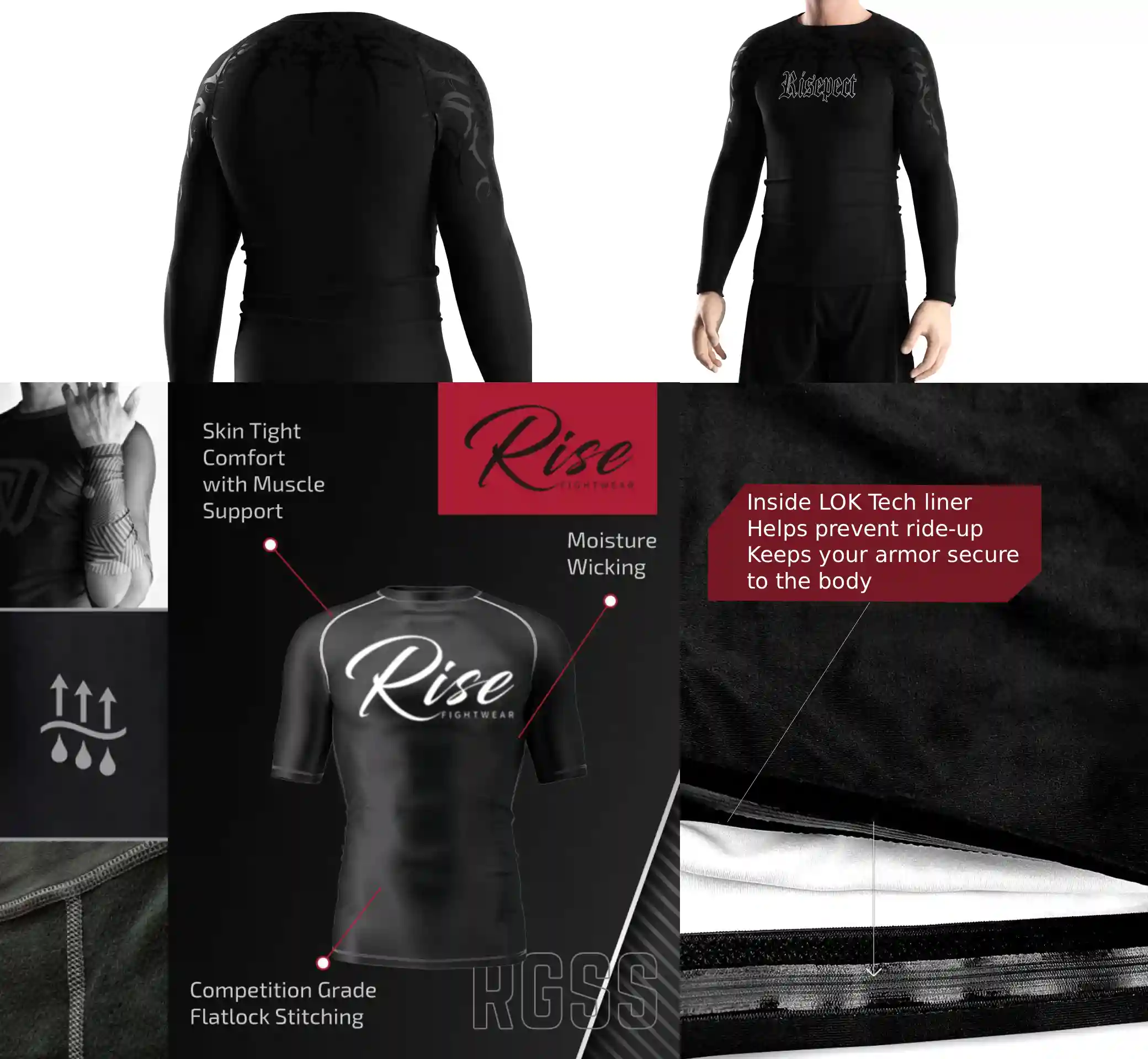 Close-up of gothic print performance rash guard construction details including flat lock stitching, inner silicone hem, and breathable stretch fabric