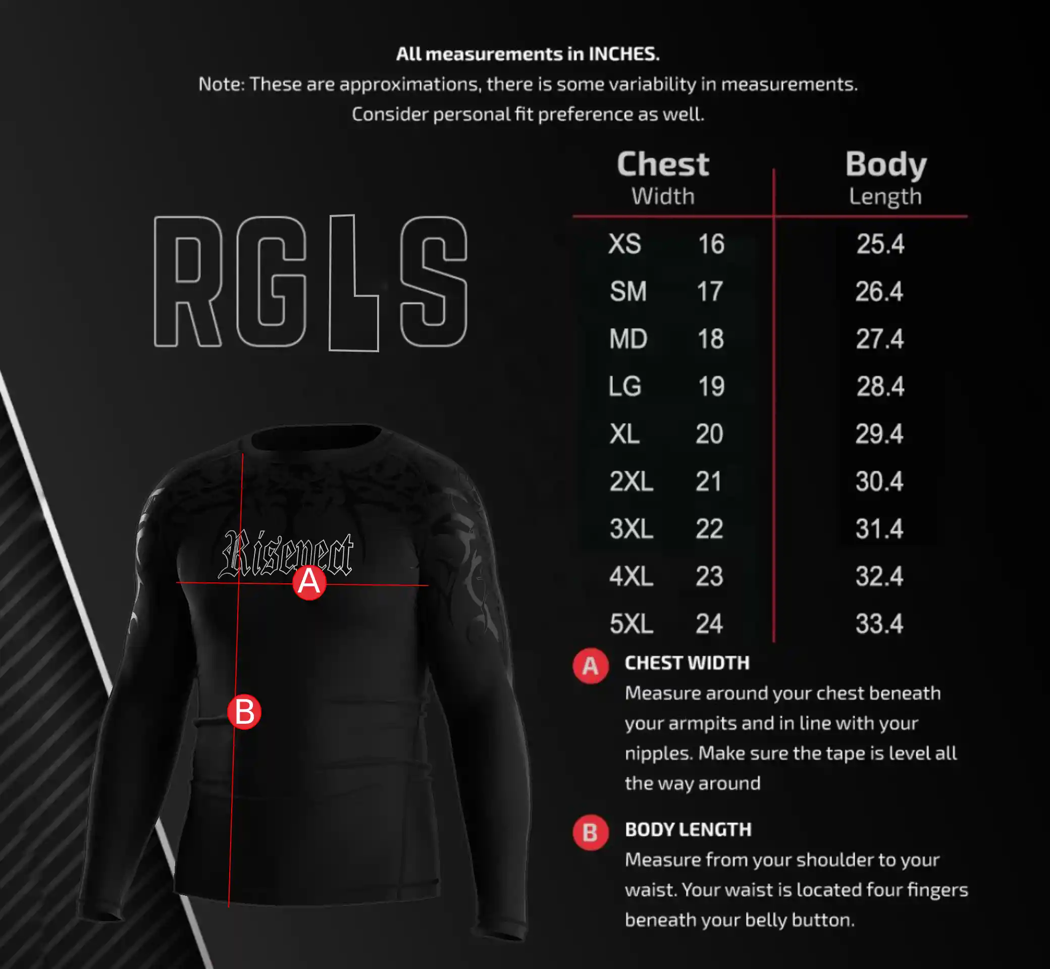 Men's Size Chart for Short Sleeve Gothic Print Performance Rash Guard – Includes Chest Width and Body Length Measurements in Inches