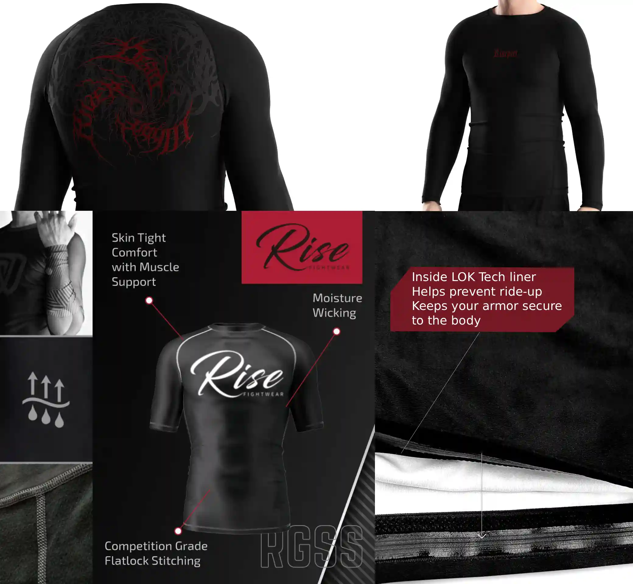Close-up of gothic print performance rash guard construction details including flat lock stitching, inner silicone hem, and breathable stretch fabric