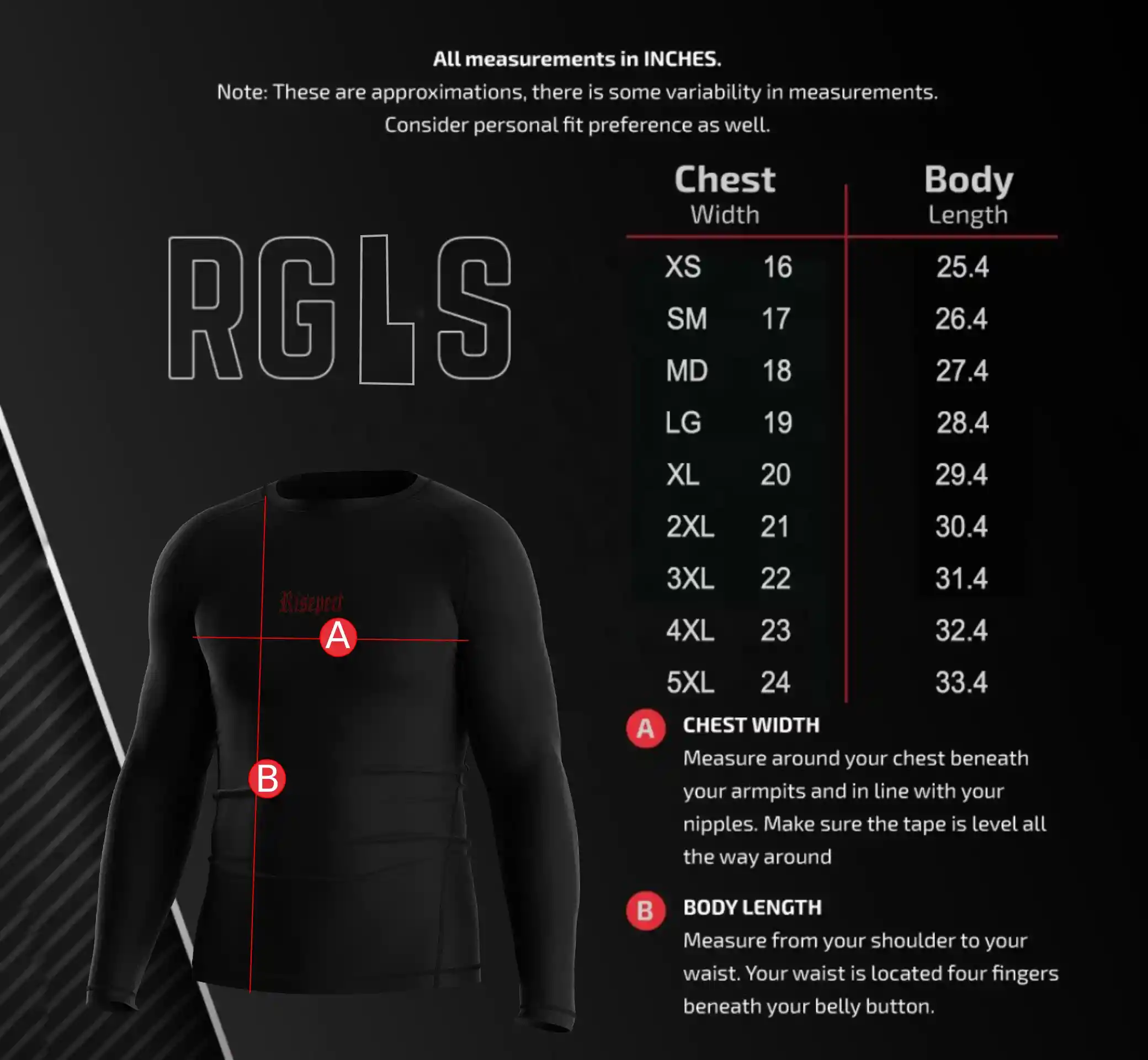 Men's Size Chart for Short Sleeve Gothic Print Performance Rash Guard – Includes Chest Width and Body Length Measurements in Inches