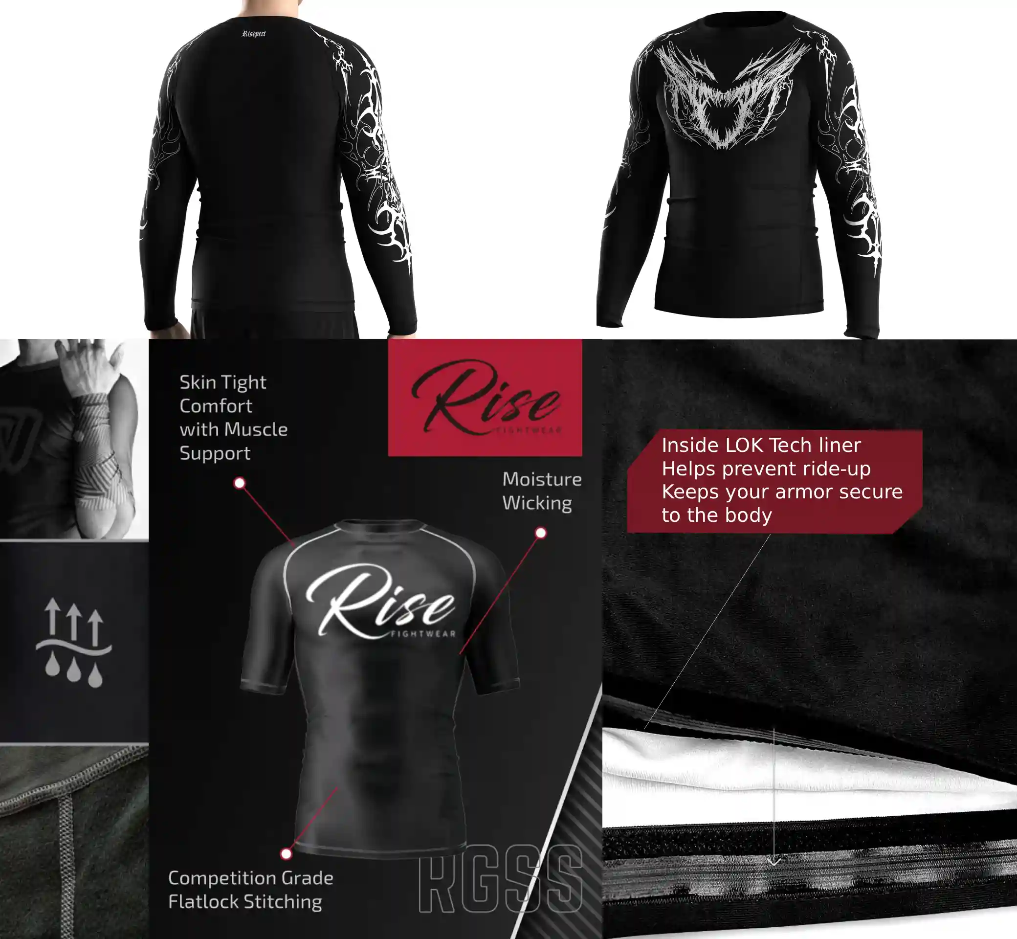 Close-up of gothic print performance rash guard construction details including flat lock stitching, inner silicone hem, and breathable stretch fabric