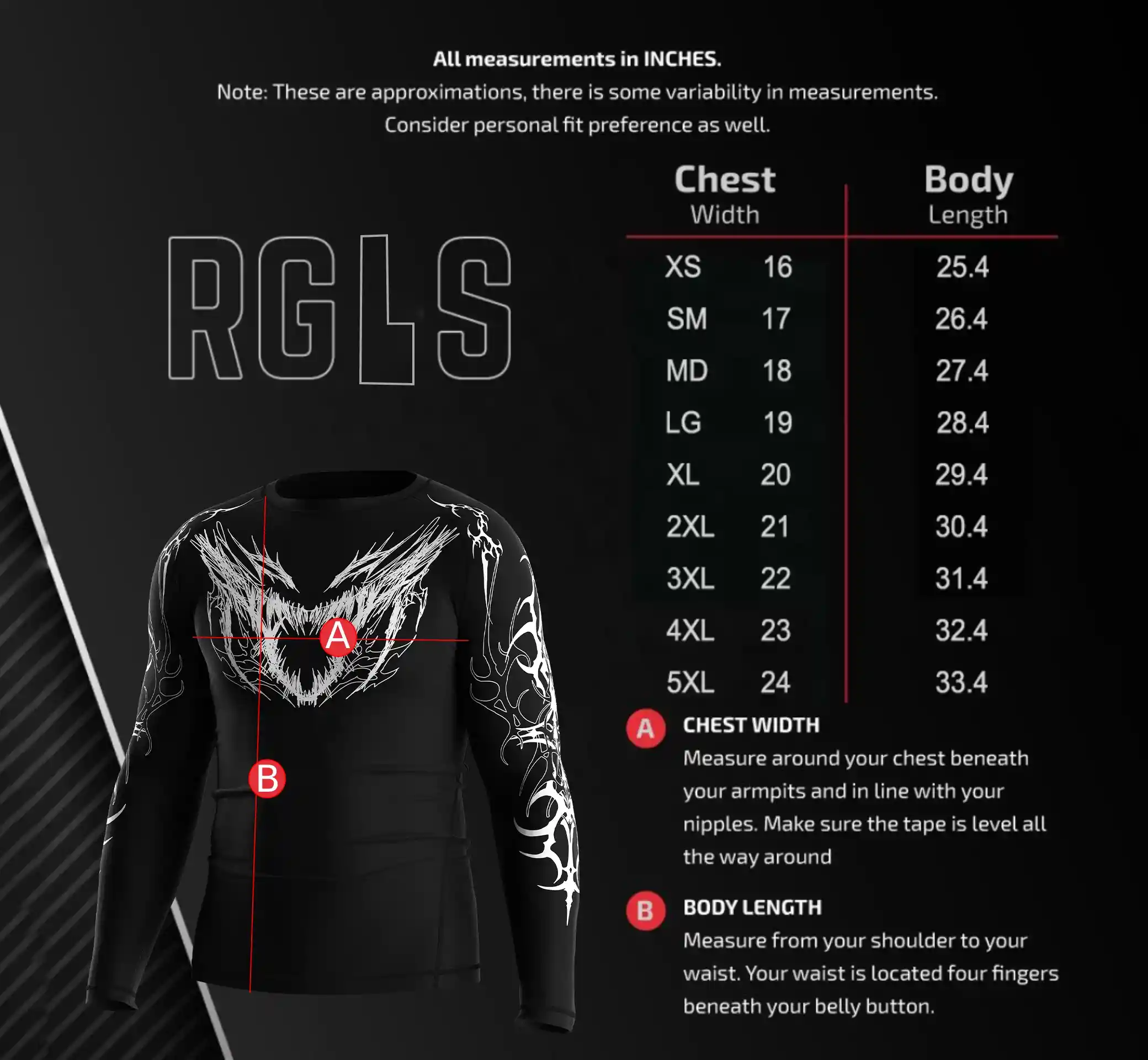Men's Size Chart for Short Sleeve Gothic Print Performance Rash Guard – Includes Chest Width and Body Length Measurements in Inches