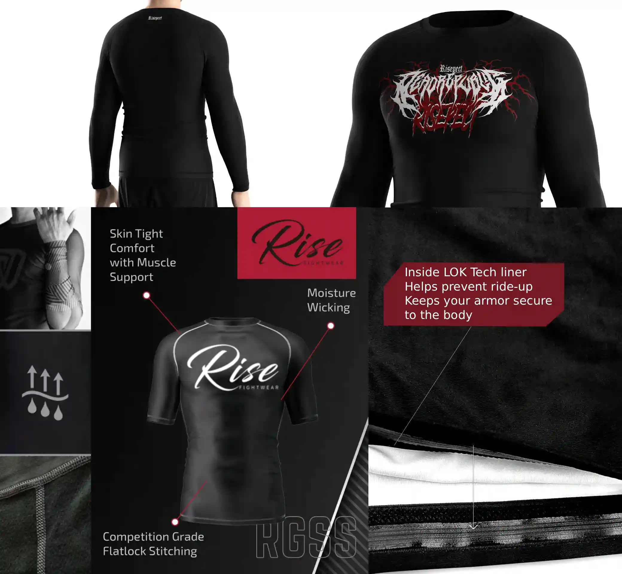 Close-up of gothic print performance rash guard construction details including flat lock stitching, inner silicone hem, and breathable stretch fabric