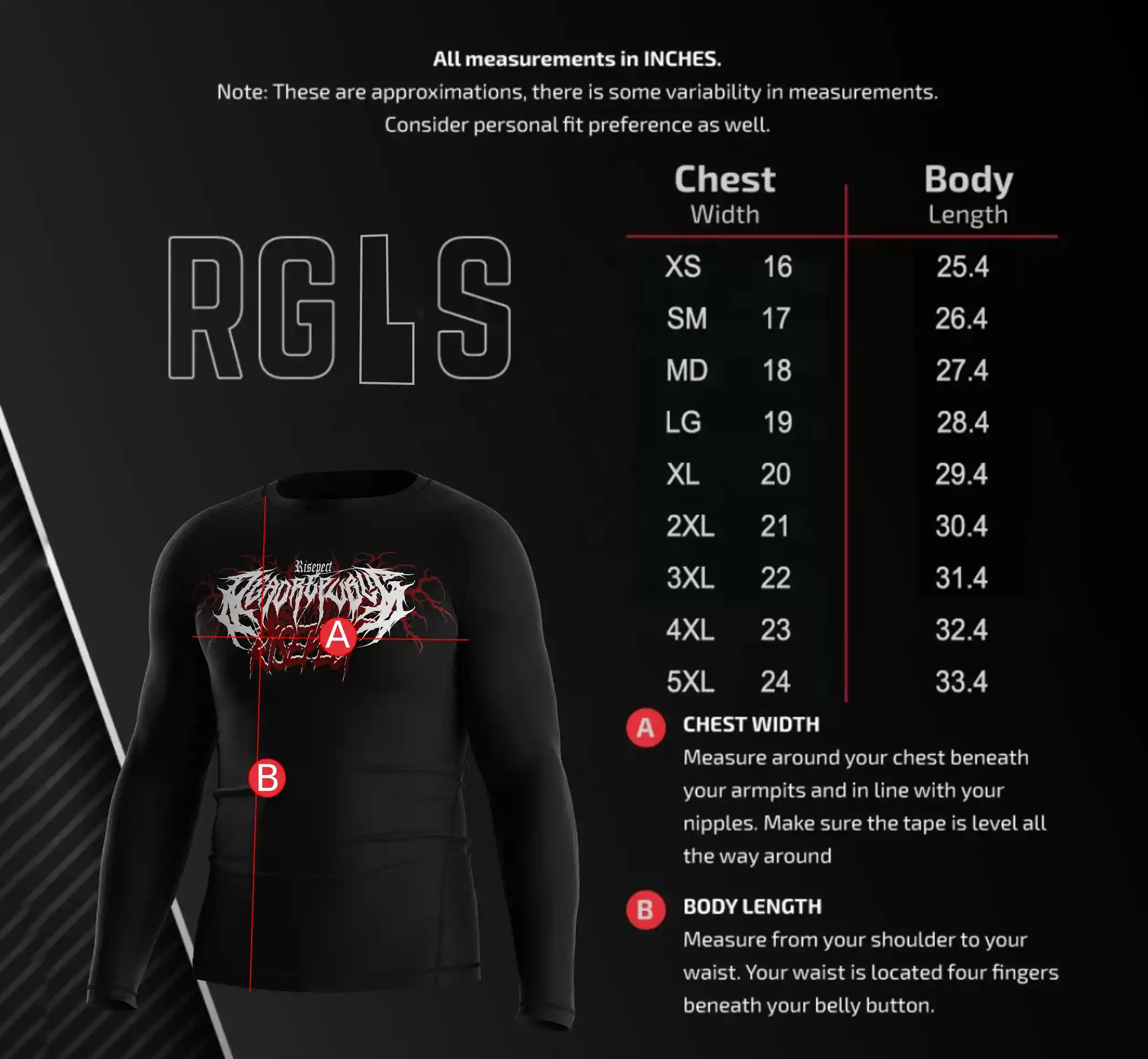 Men's Size Chart for Short Sleeve Gothic Print Performance Rash Guard – Includes Chest Width and Body Length Measurements in Inches