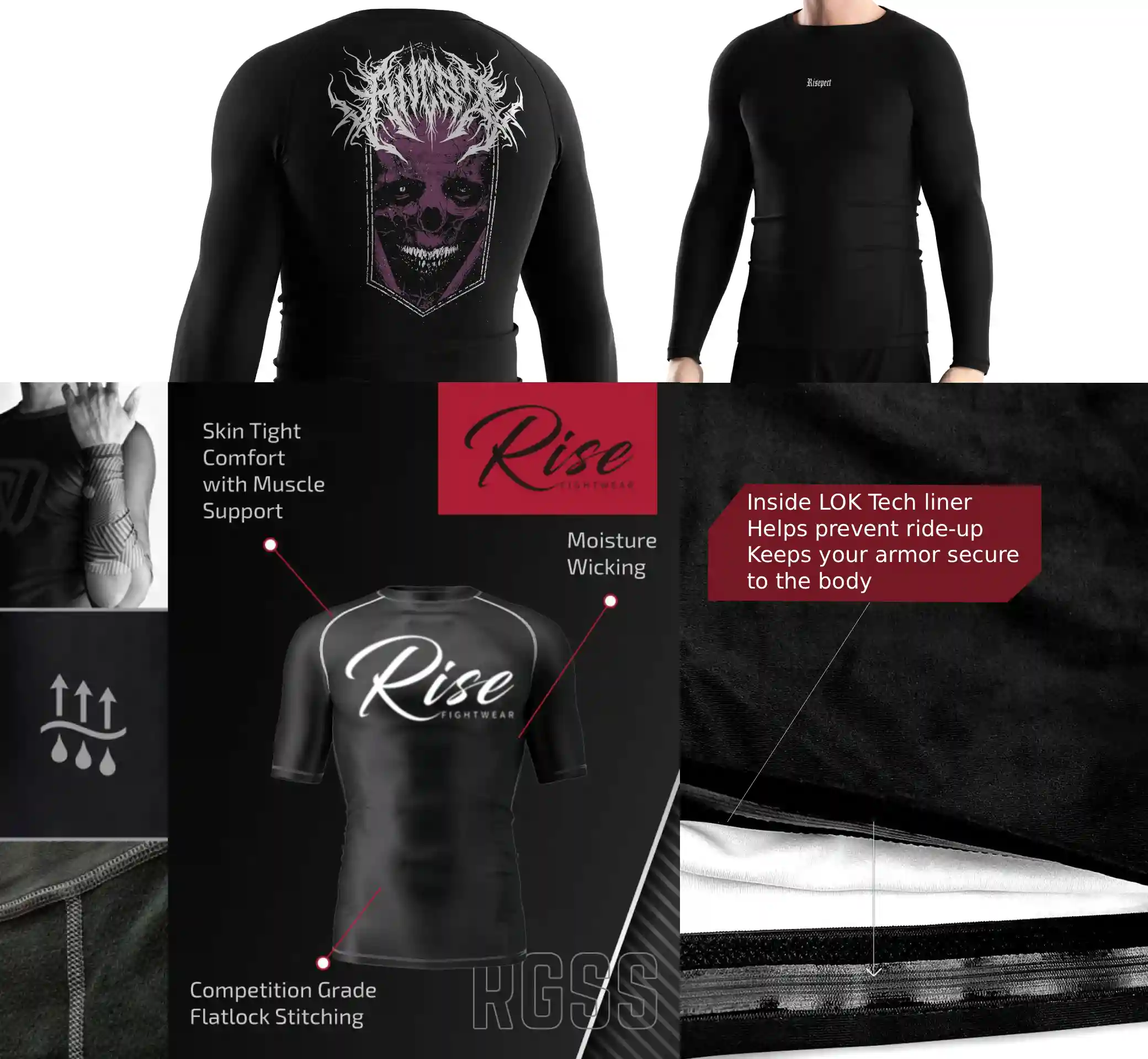 Close-up of gothic print performance rash guard construction details including flat lock stitching, inner silicone hem, and breathable stretch fabric