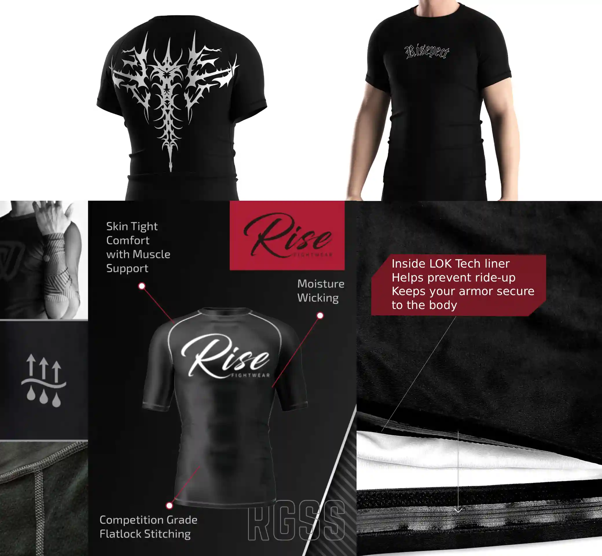 Close-up of goth-inspired rash guard construction details including flat lock stitching, inner silicone hem, and breathable stretch fabric