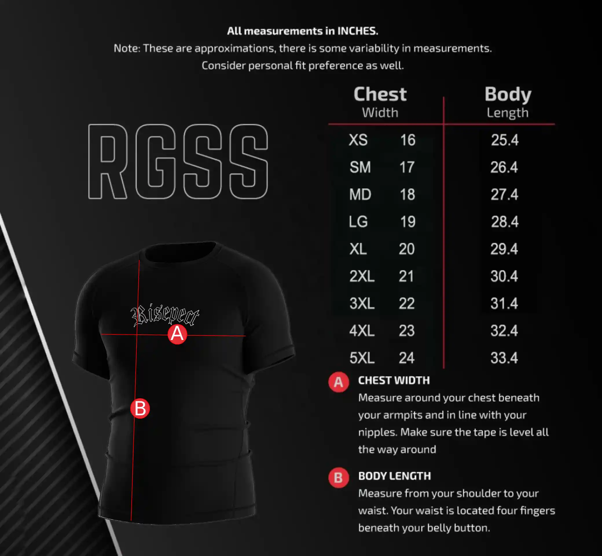 Men's Size Chart for Short Sleeve Goth-inspired Rash Guard – Includes Chest Width and Body Length Measurements in Inches