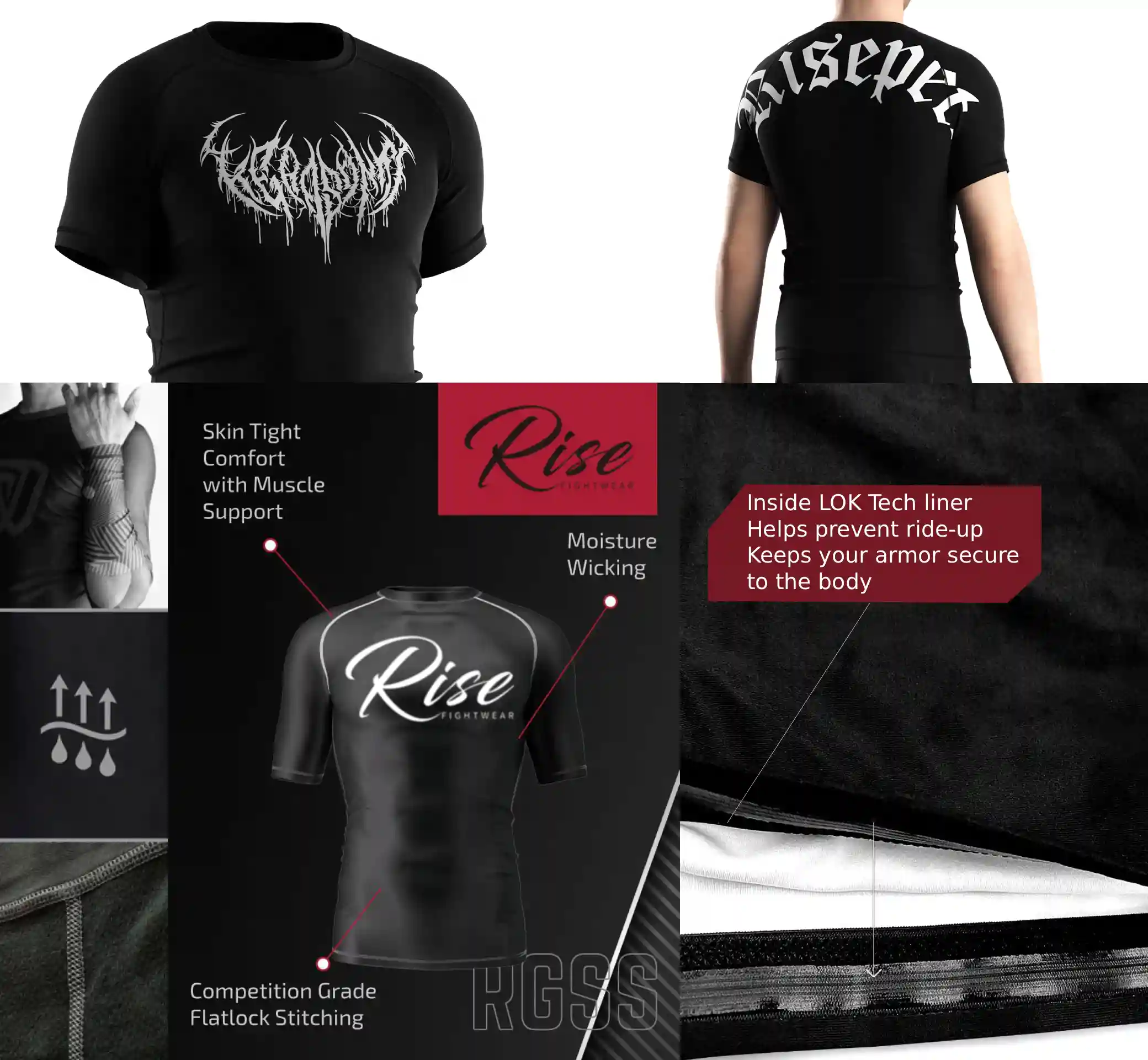 Close-up of goth-inspired rash guard construction details including flat lock stitching, inner silicone hem, and breathable stretch fabric