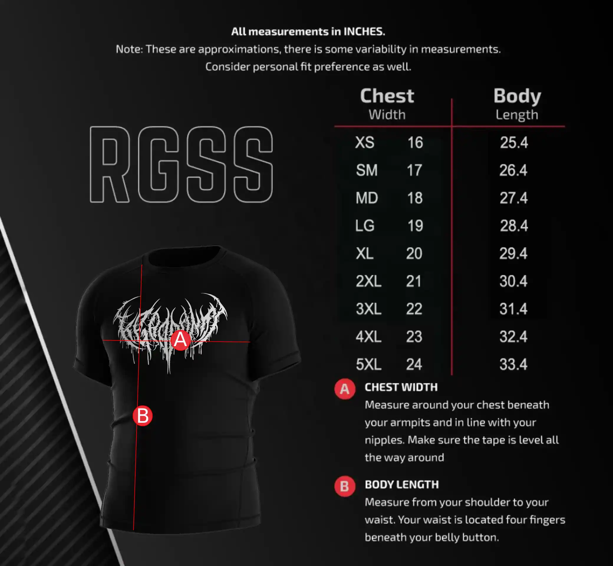 Men's Size Chart for Short Sleeve Goth-inspired Rash Guard – Includes Chest Width and Body Length Measurements in Inches