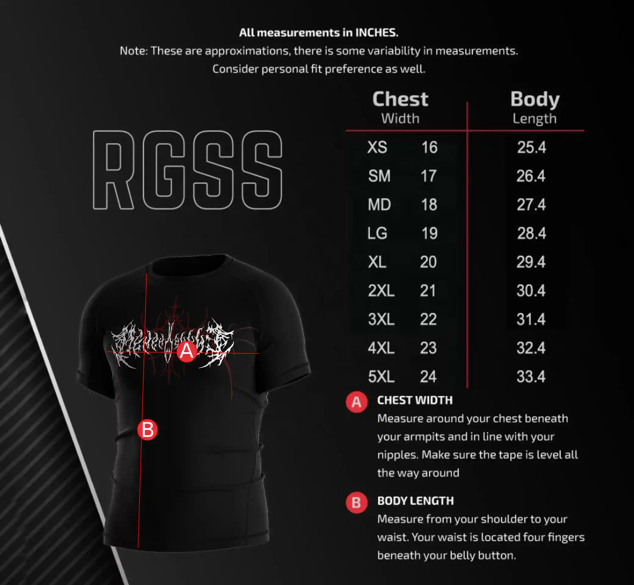 Men's Size Chart for Short Sleeve Goth-inspired Rash Guard – Includes Chest Width and Body Length Measurements in Inches