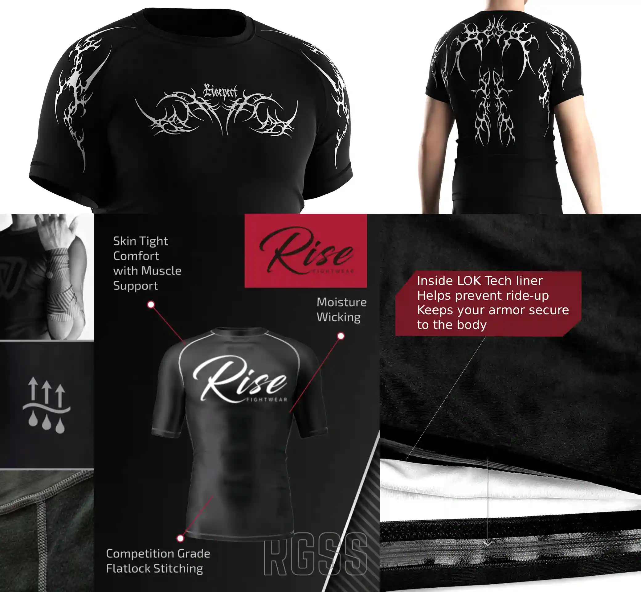Close-up of goth-inspired rash guard construction details including flat lock stitching, inner silicone hem, and breathable stretch fabric