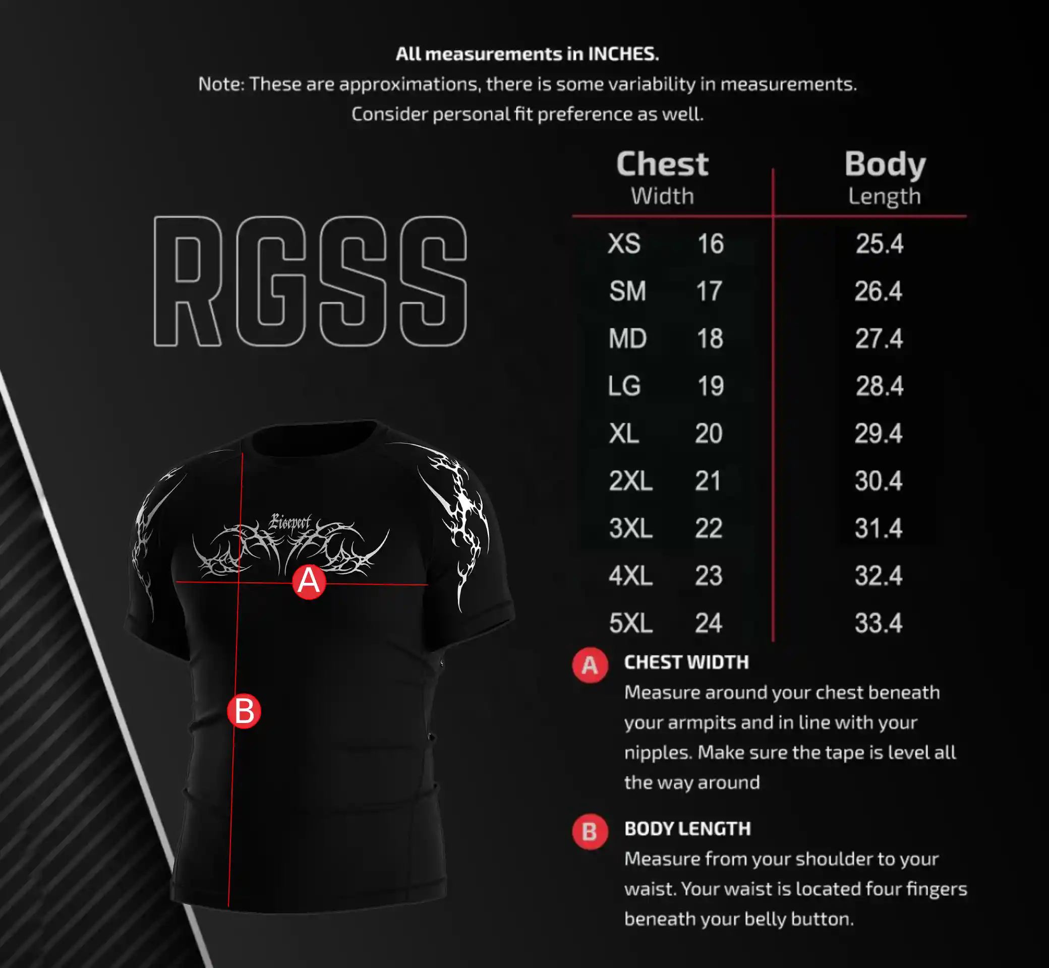 Men's Size Chart for Short Sleeve Goth-inspired Rash Guard – Includes Chest Width and Body Length Measurements in Inches