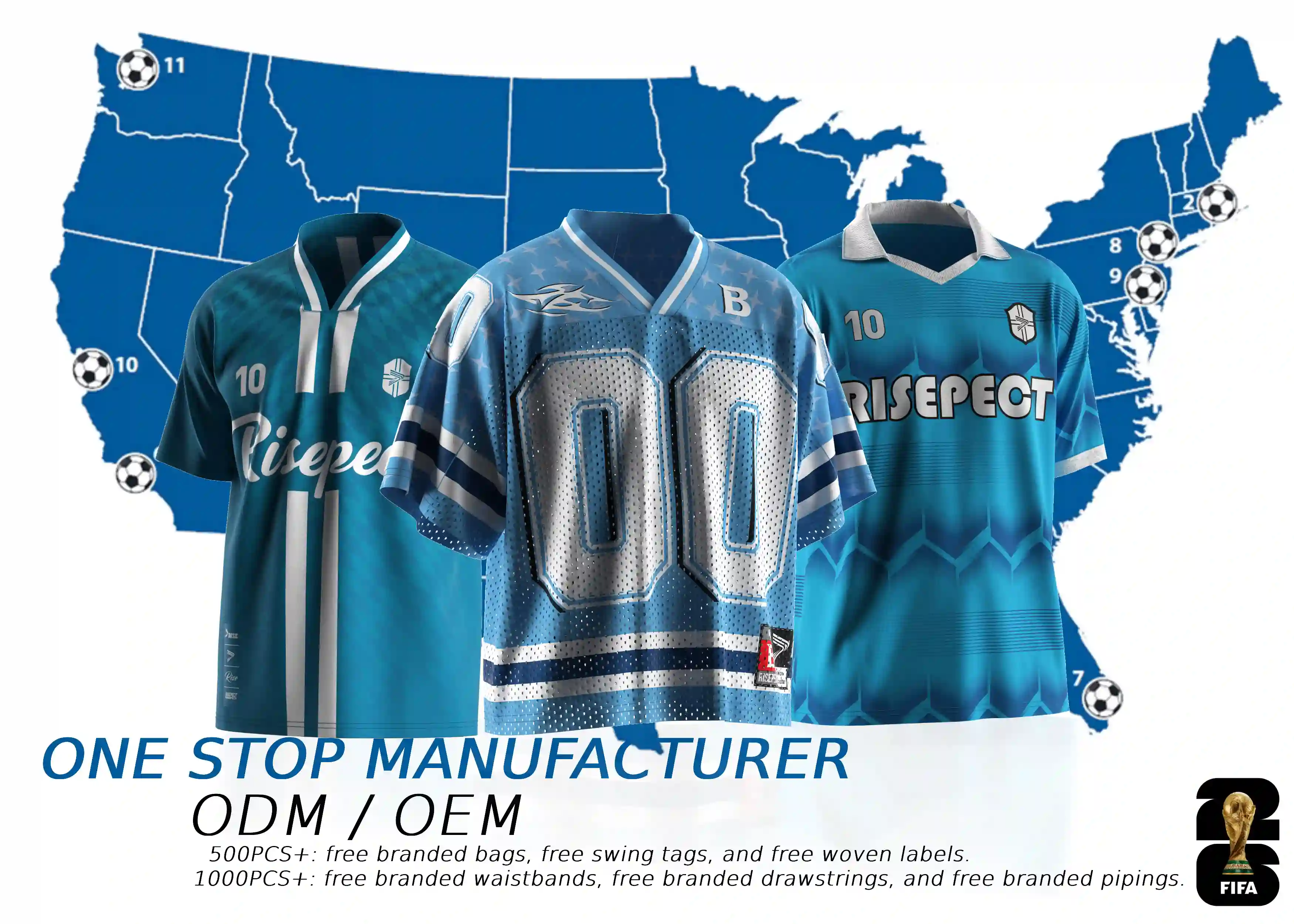 Rise Sportswear custom football soccer vintage jerseys with 2026 FIFA World Cup map background
