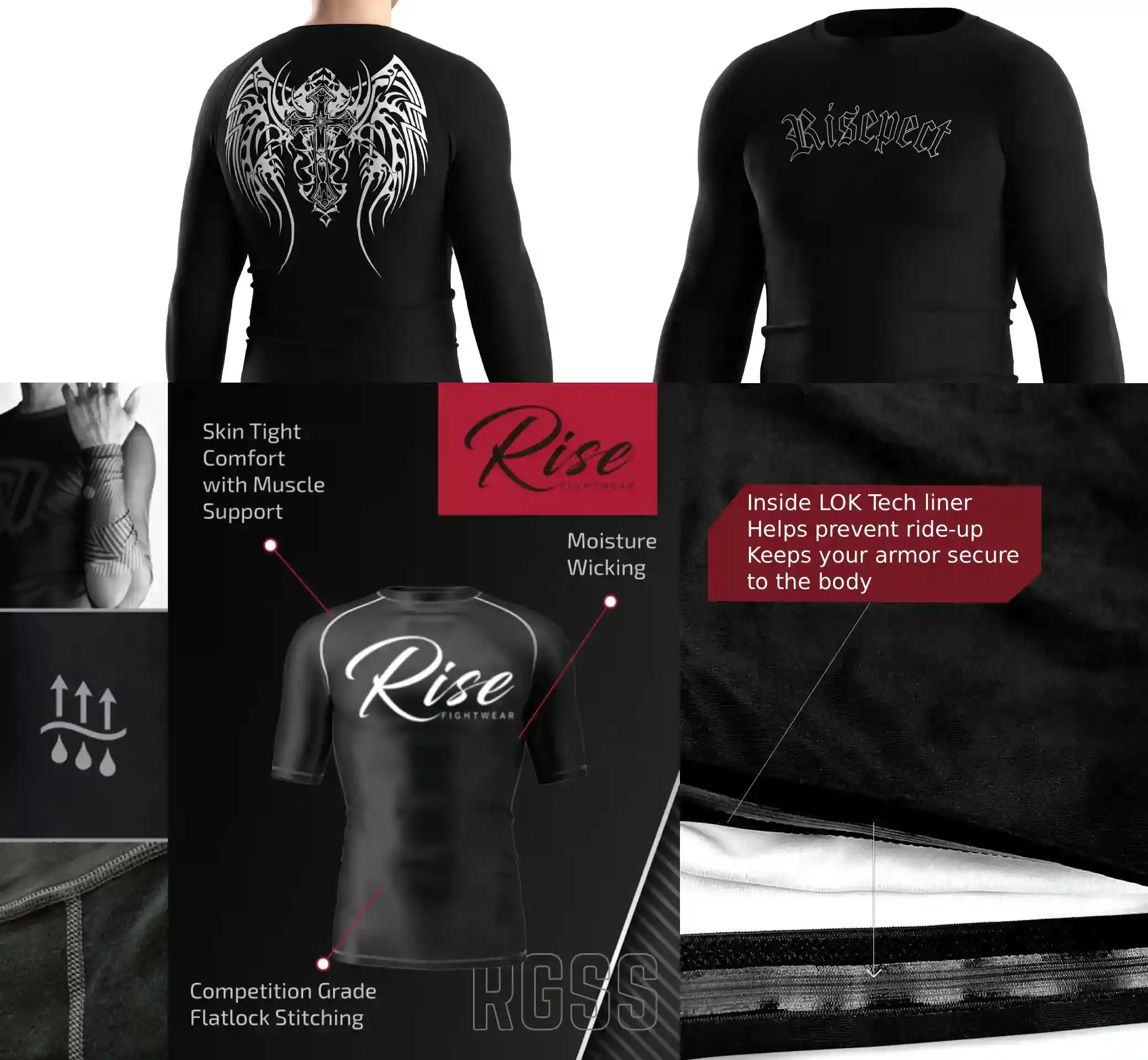 Close-up of gothic print performance rash guard construction details including flat lock stitching, inner silicone hem, and breathable stretch fabric