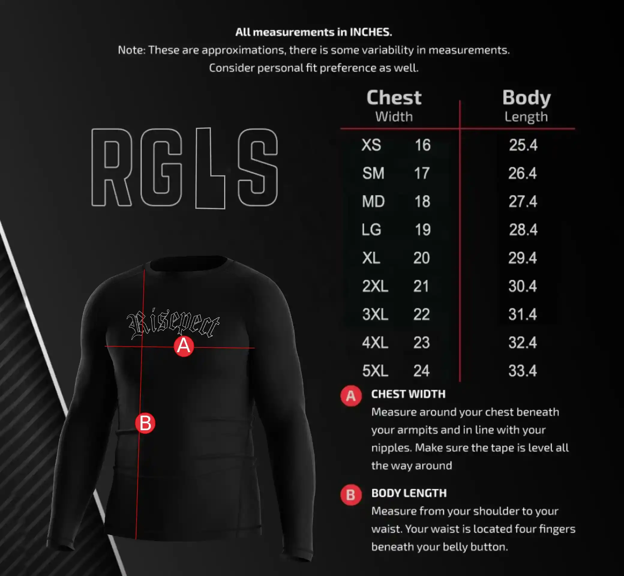 Men's Size Chart for Short Sleeve Gothic Print Performance Rash Guard – Includes Chest Width and Body Length Measurements in Inches