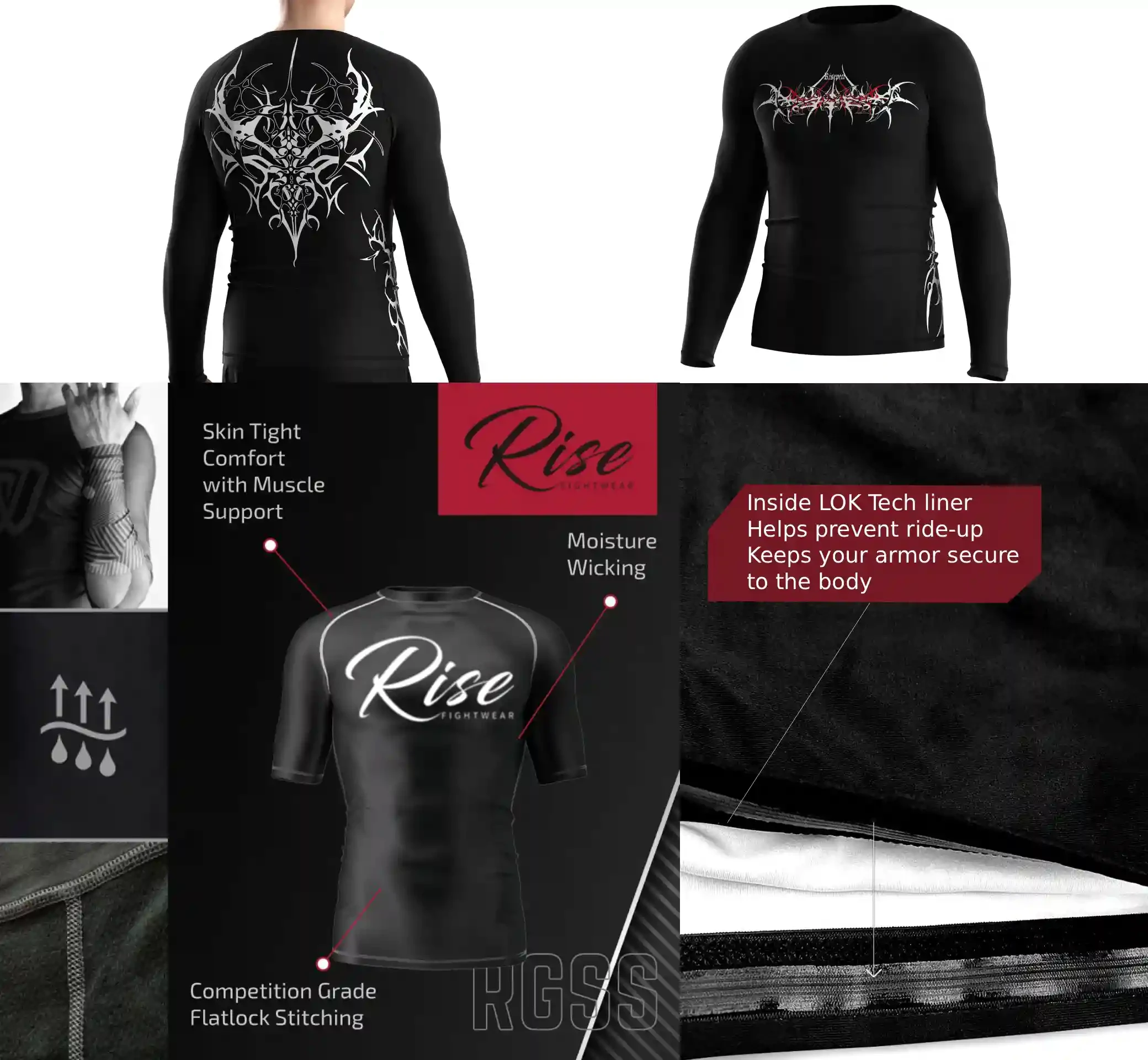 Close-up of gothic print performance rash guard construction details including flat lock stitching, inner silicone hem, and breathable stretch fabric