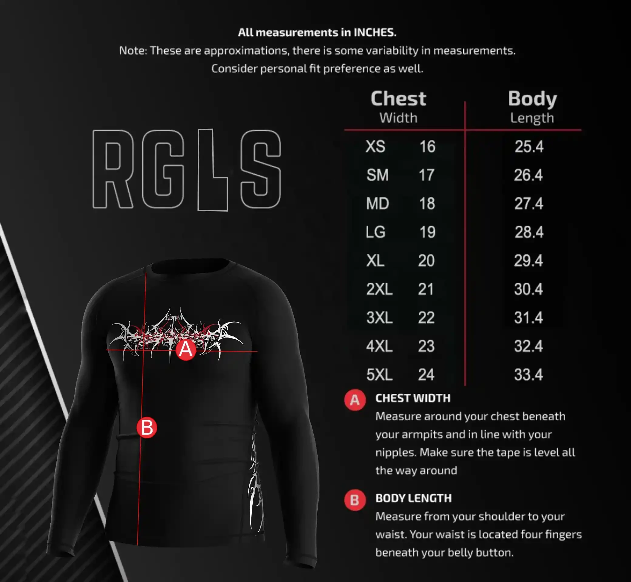 Men's Size Chart for Short Sleeve Gothic Print Performance Rash Guard – Includes Chest Width and Body Length Measurements in Inches