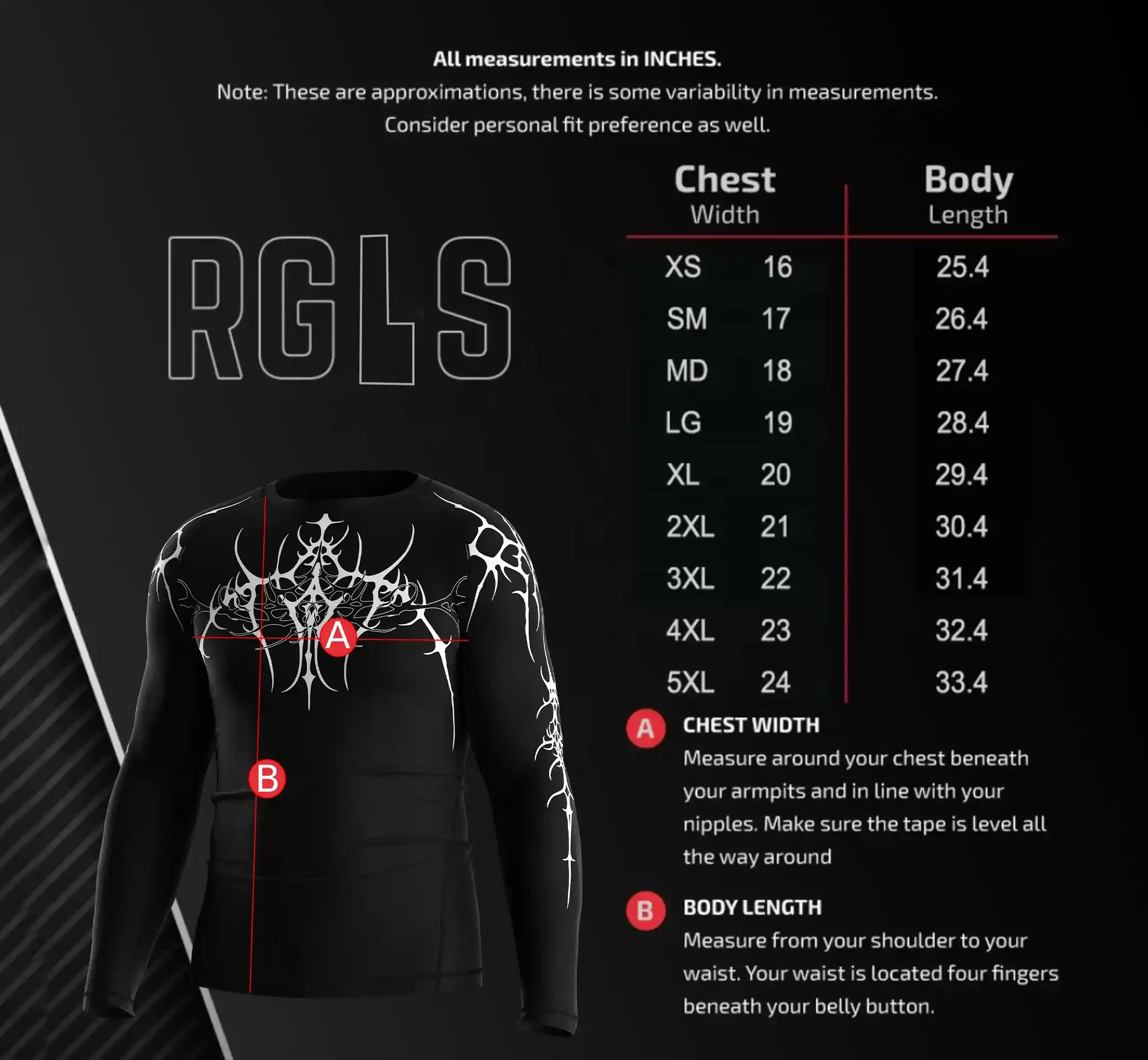 Men's Size Chart for Short Sleeve Gothic Print Performance Rash Guard – Includes Chest Width and Body Length Measurements in Inches