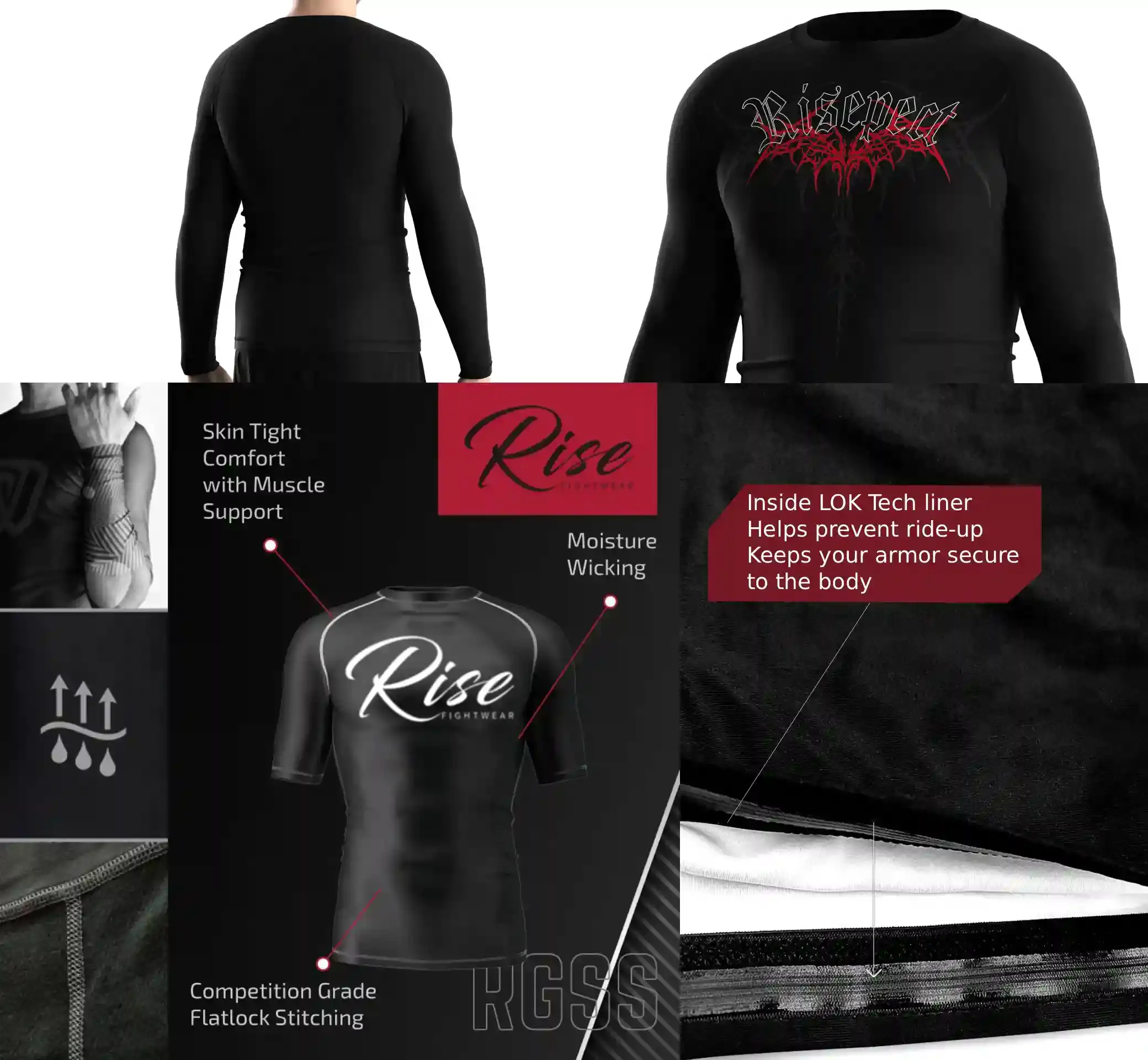 Close-up of gothic print performance rash guard construction details including flat lock stitching, inner silicone hem, and breathable stretch fabric