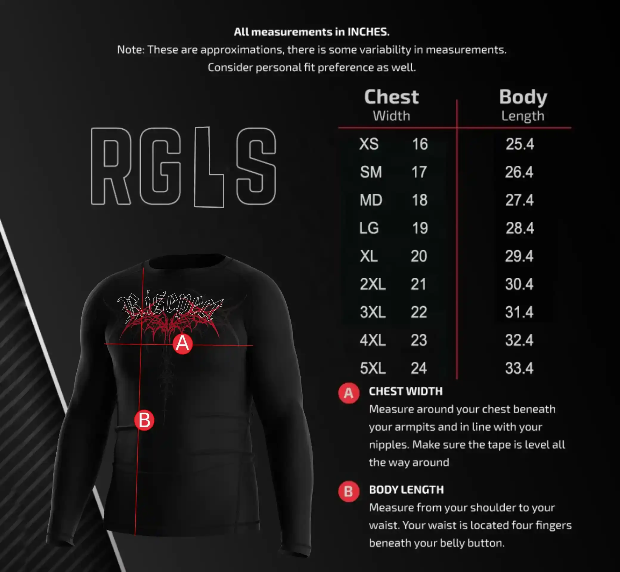 Men's Size Chart for Short Sleeve Gothic Print Performance Rash Guard – Includes Chest Width and Body Length Measurements in Inches