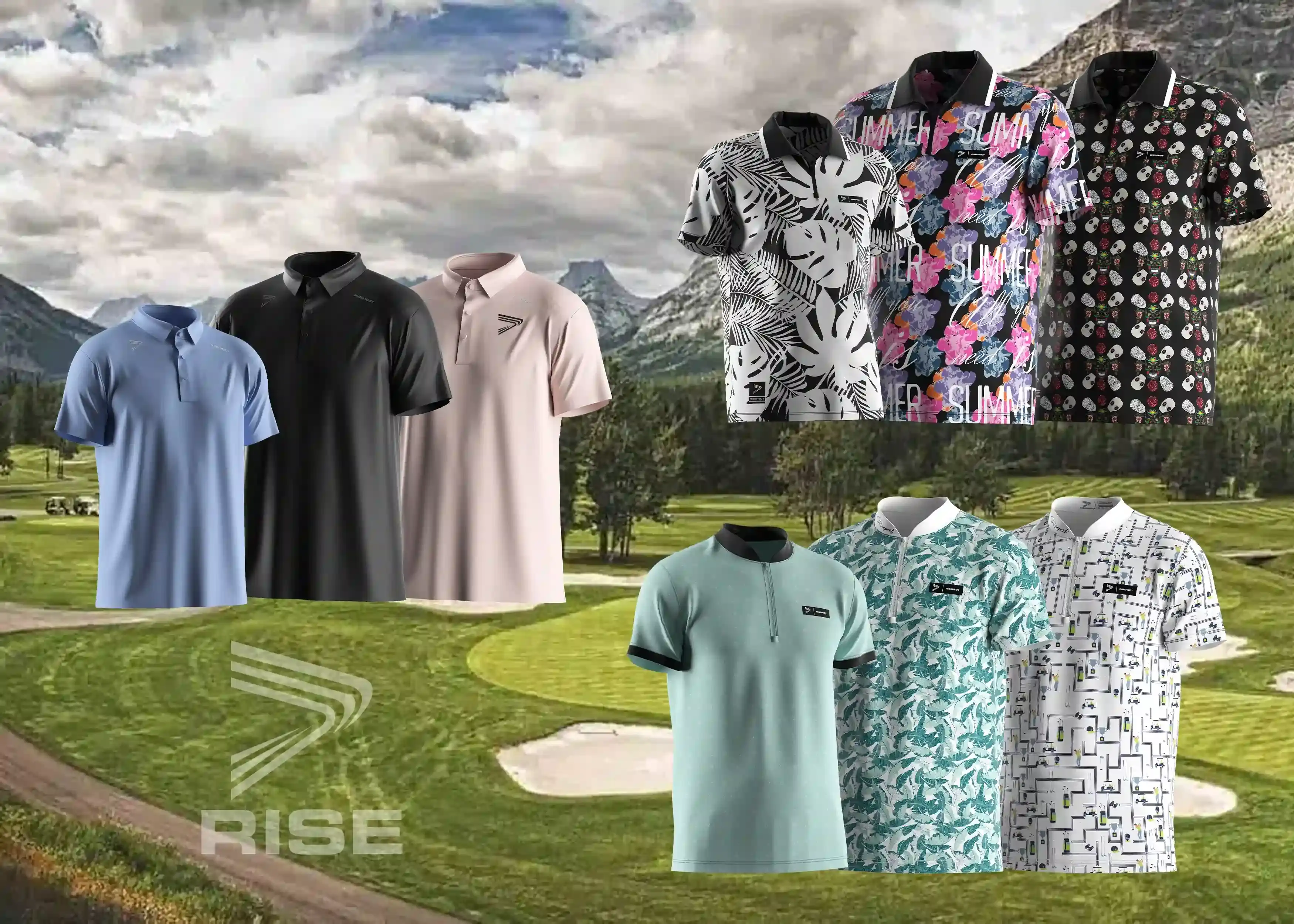 Three golf apparel styles displayed: sleek solid-color button polos in black, pink, and violet blue; bold zip polos with floral and skull patterns; and baseball-collar zip tops in tropical and golf-themed prints. A showcase of trend-driven and performance-ready designs for modern golf brands.