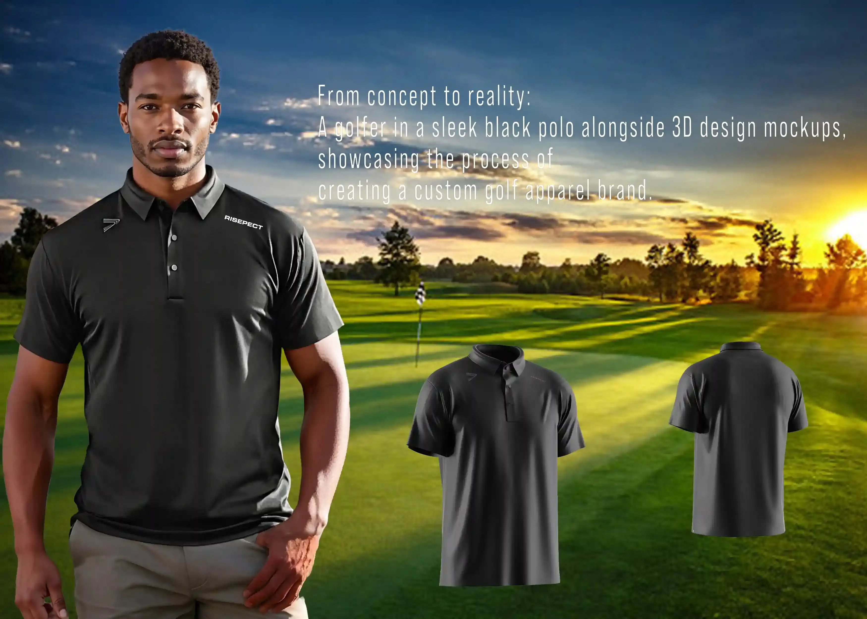 From concept to creation: A golfer models a sleek black polo while two 3D design mockups showcase the front and back views of the shirt. This image illustrates the journey of starting a golf brand—from initial design ideas to bringing premium custom golf clothing to life.