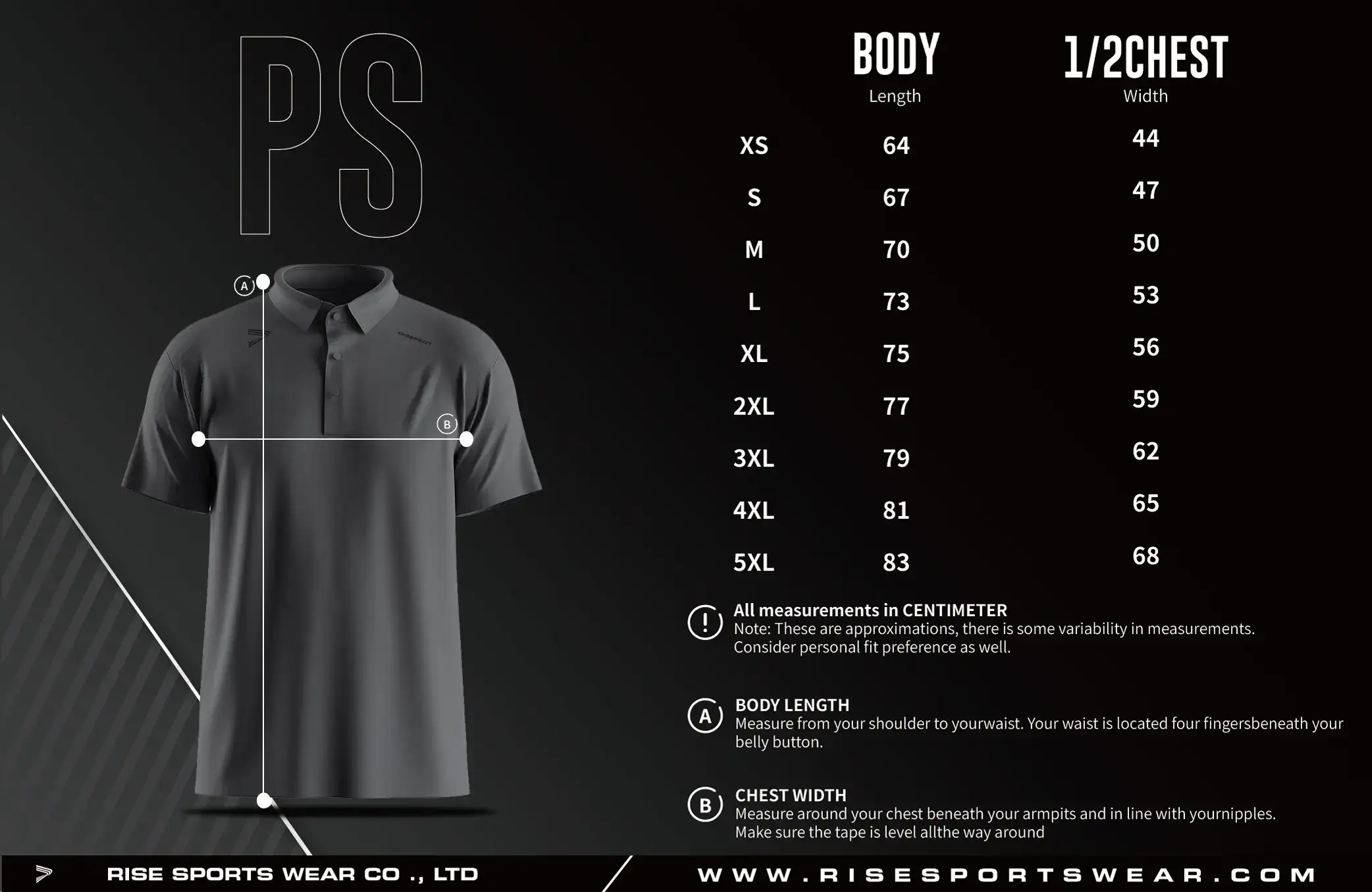 Men Size Chart of Golf Short Sleeve 3-Button Polo with Heat Glue Tech