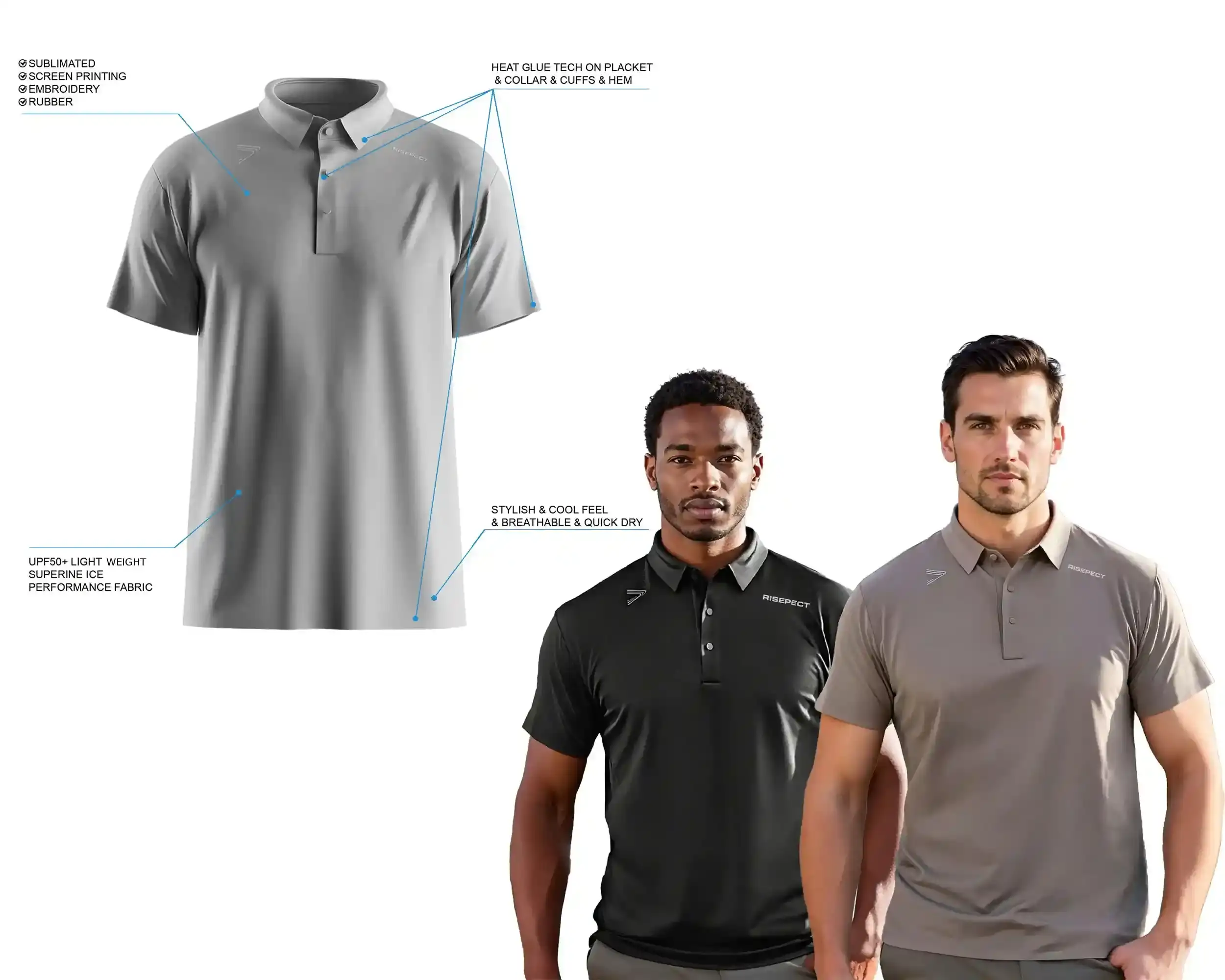 Light Gray Heat-bonded Golf Polo Shirt Short Sleeve's Details Feature