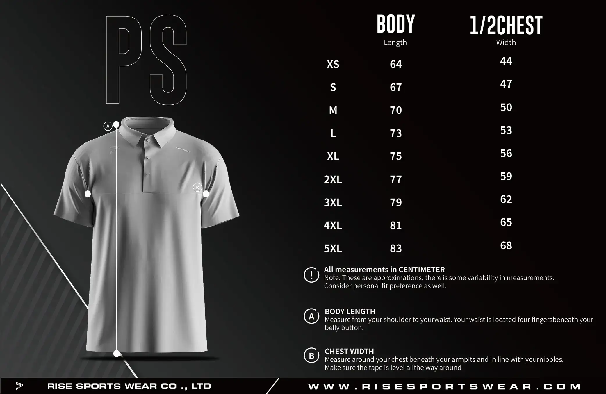 Men Size Chart of Golf Short Sleeve 3-Button Polo with Heat Glue Tech
