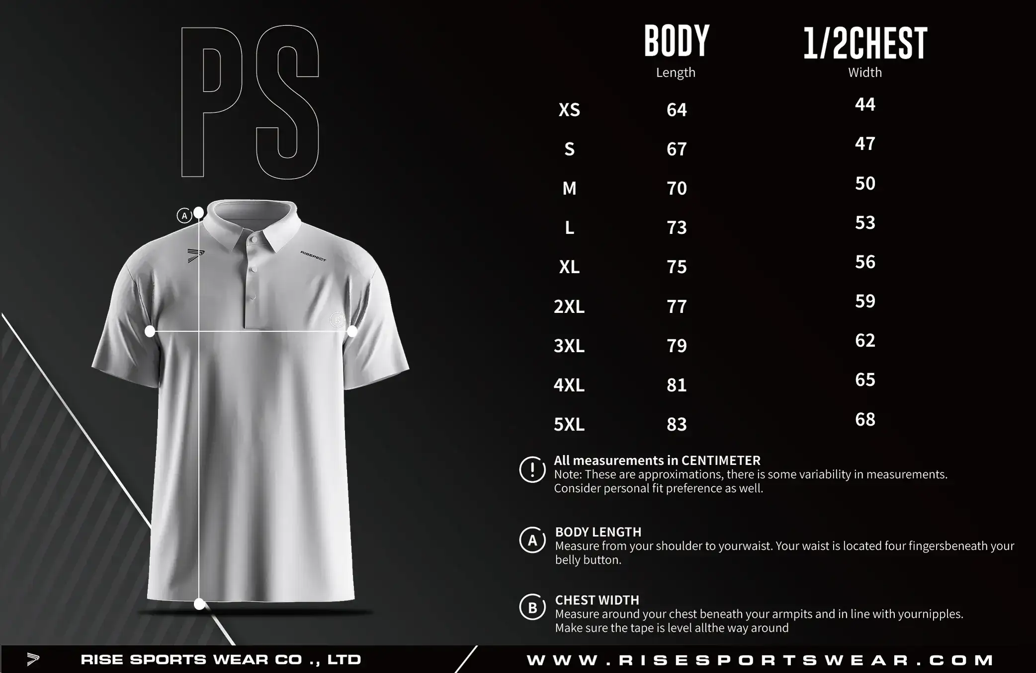 Men Size Chart of Golf Short Sleeve 3-Button Polo with Heat Glue Tech