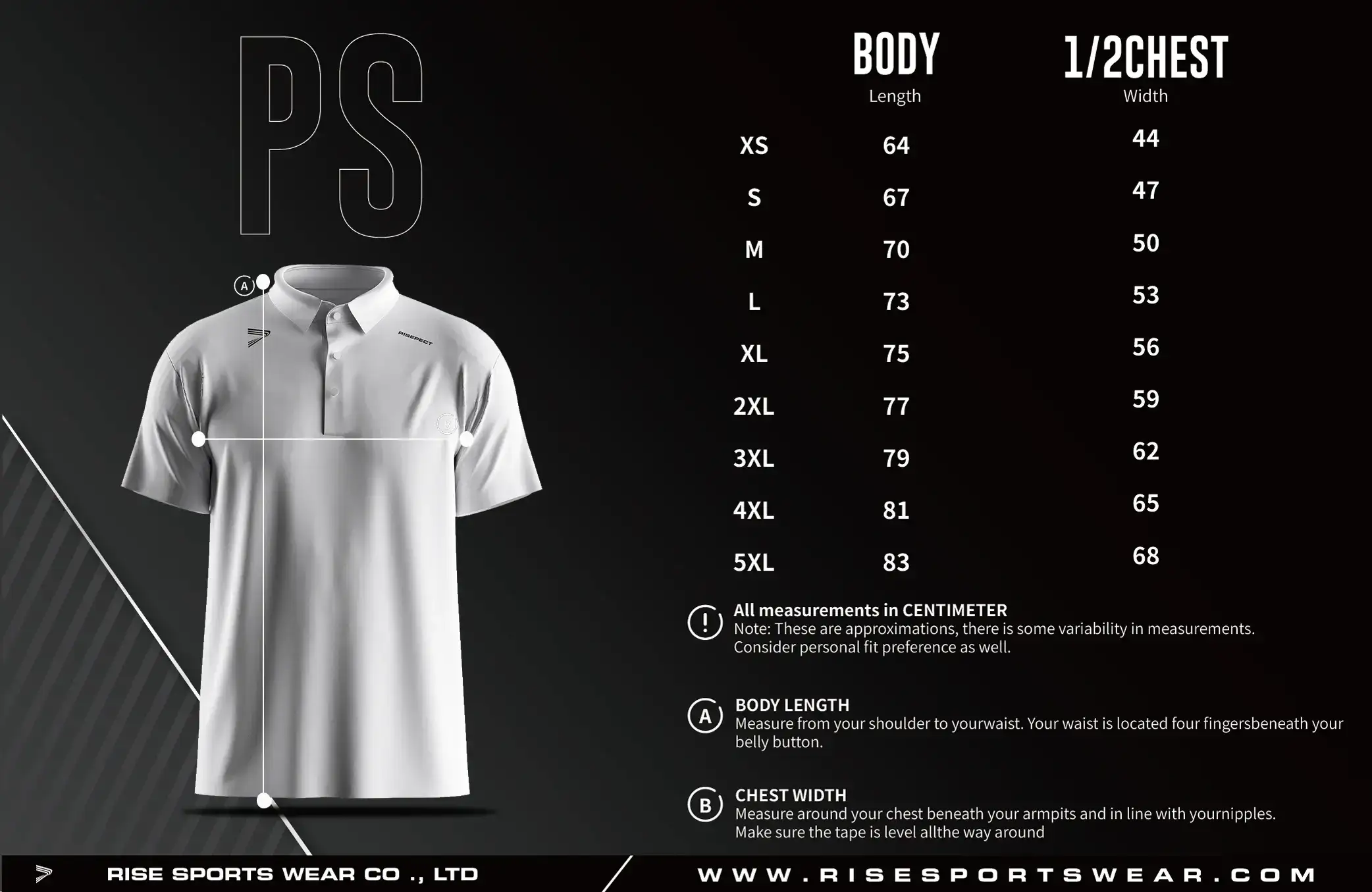 Men Size Chart of Golf Short Sleeve 3-Button Polo with Heat Glue Tech