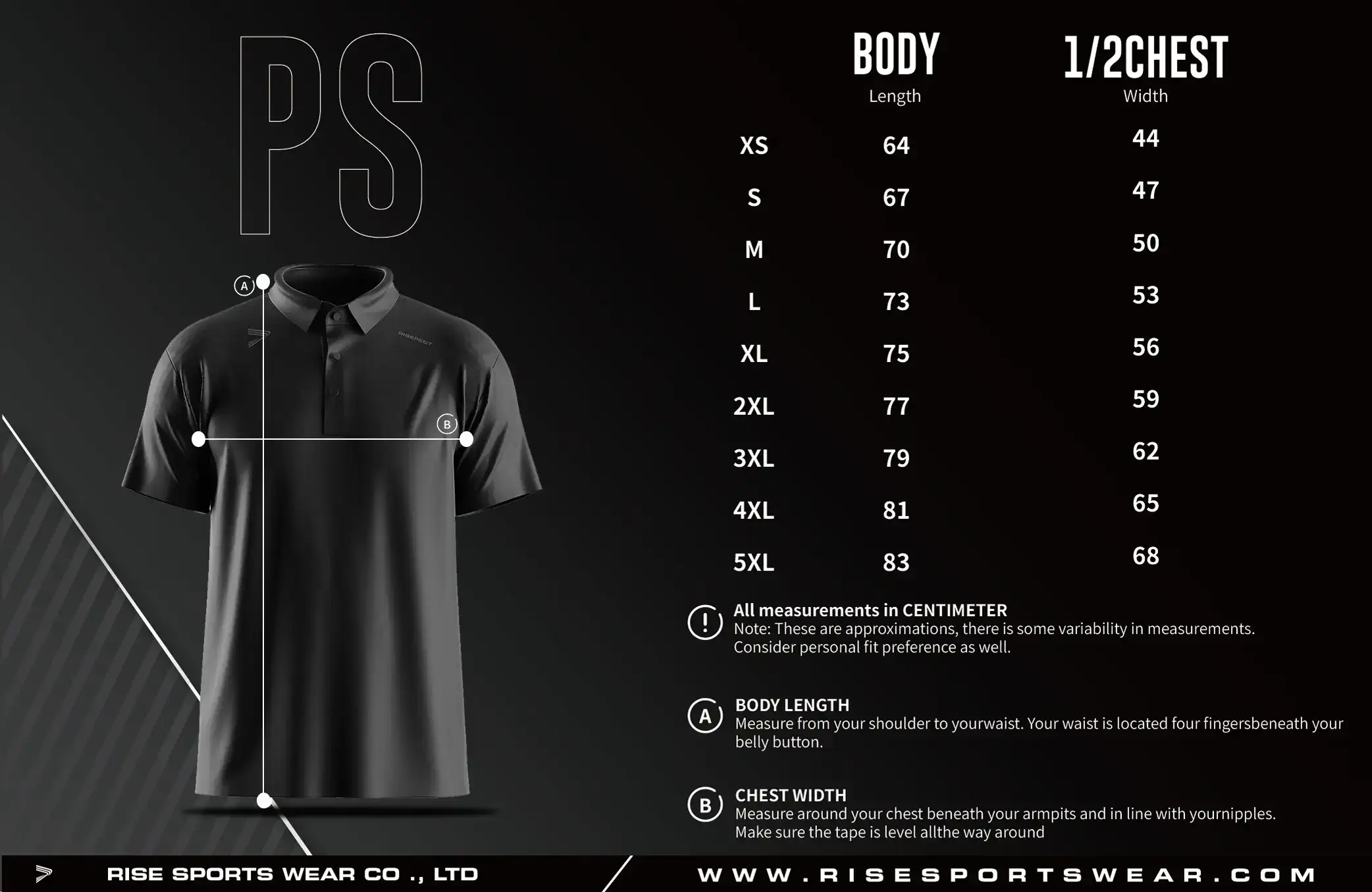 Men Size Chart of Golf Short Sleeve 3-Button Polo with Heat Glue Tech
