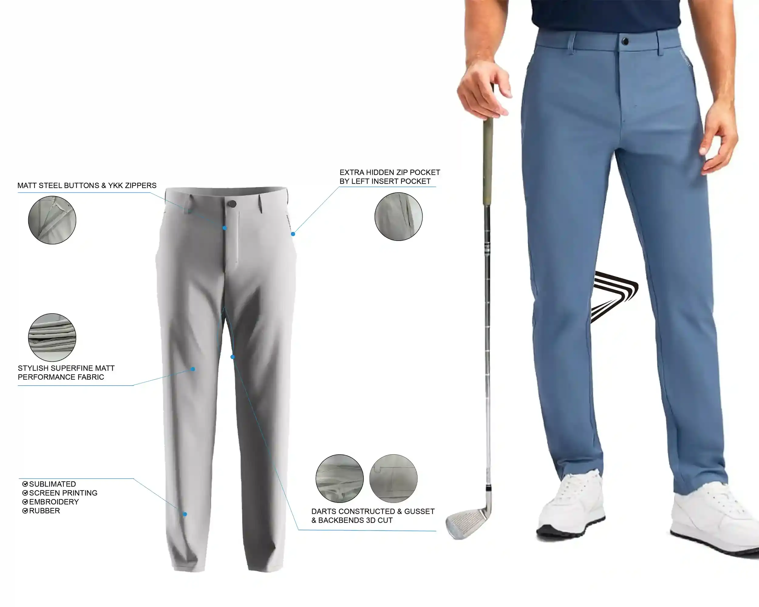 Dark Gray Men's Golf Pants: features and male model upper body front view