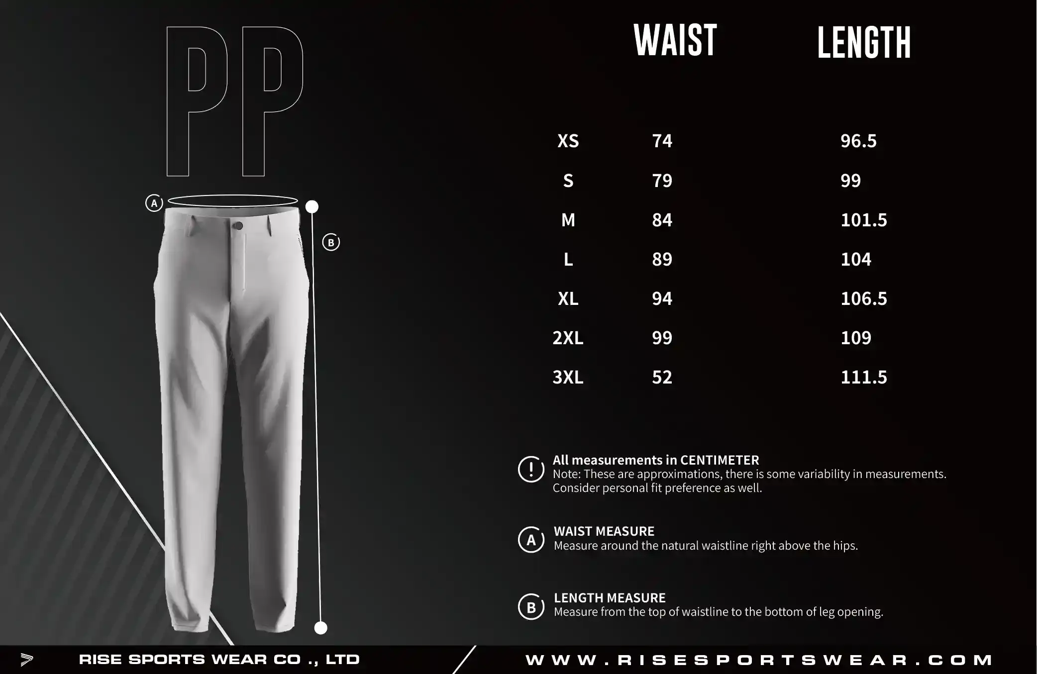 Adult size chart of golf casual straight five pocket performance pants 2.0 for men