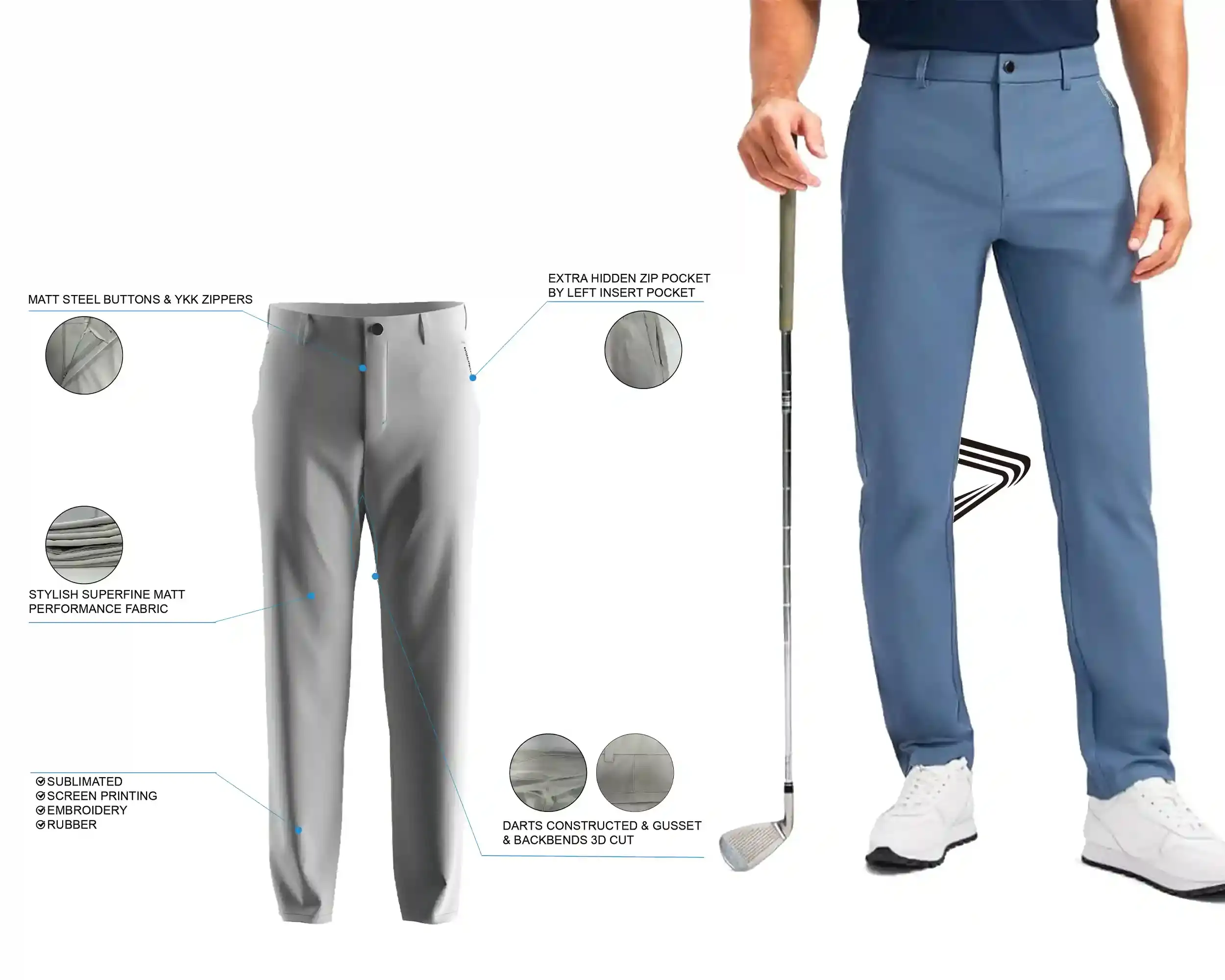 Light Gray Golf Pants for Men: features and male model upper body front view